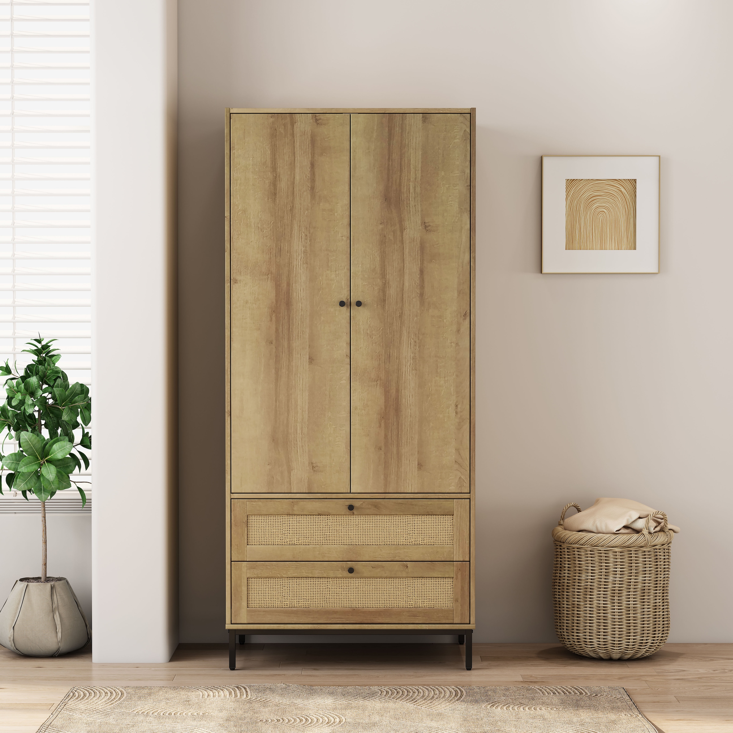 GOODproduct Armoires à vêtements »Motala Schlafzimmerschrank Garderobe Boho Eichen-Design Bestseller« Moderne schwarze Griffe, Schublade mit Geflecht,  Schlafzimmerschrank mit 2 Türen und 2 Schubladen
