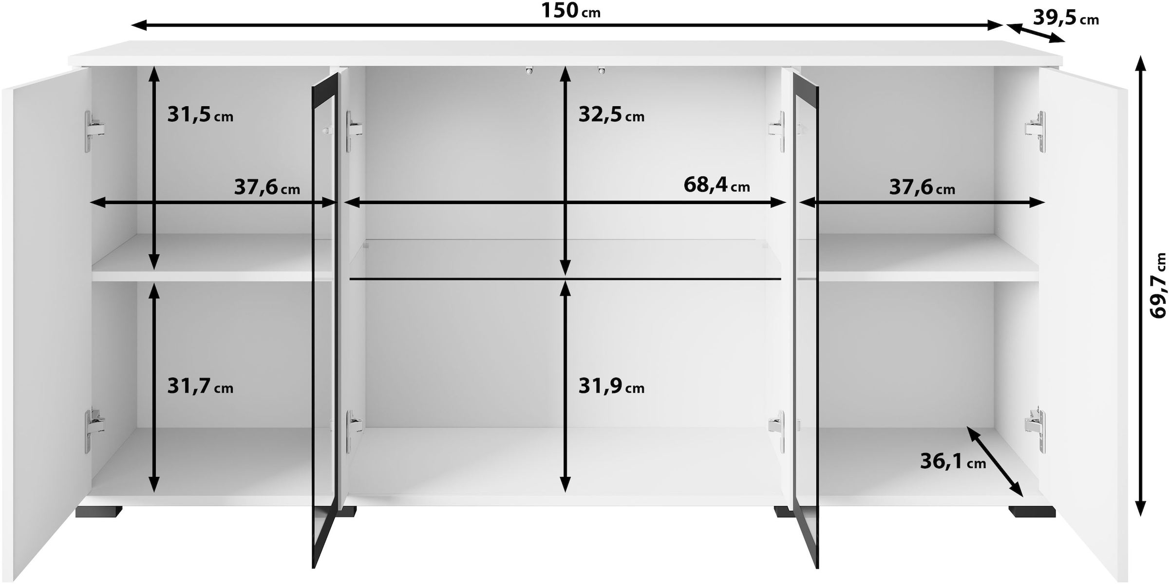Home affaire Buffet »Caro, modernes Design mit Glaseinsätzen, Breite 150 cm« 1 cuis tlg. façades sans poignées avec push-to-open, étagères réglables en hauteur,