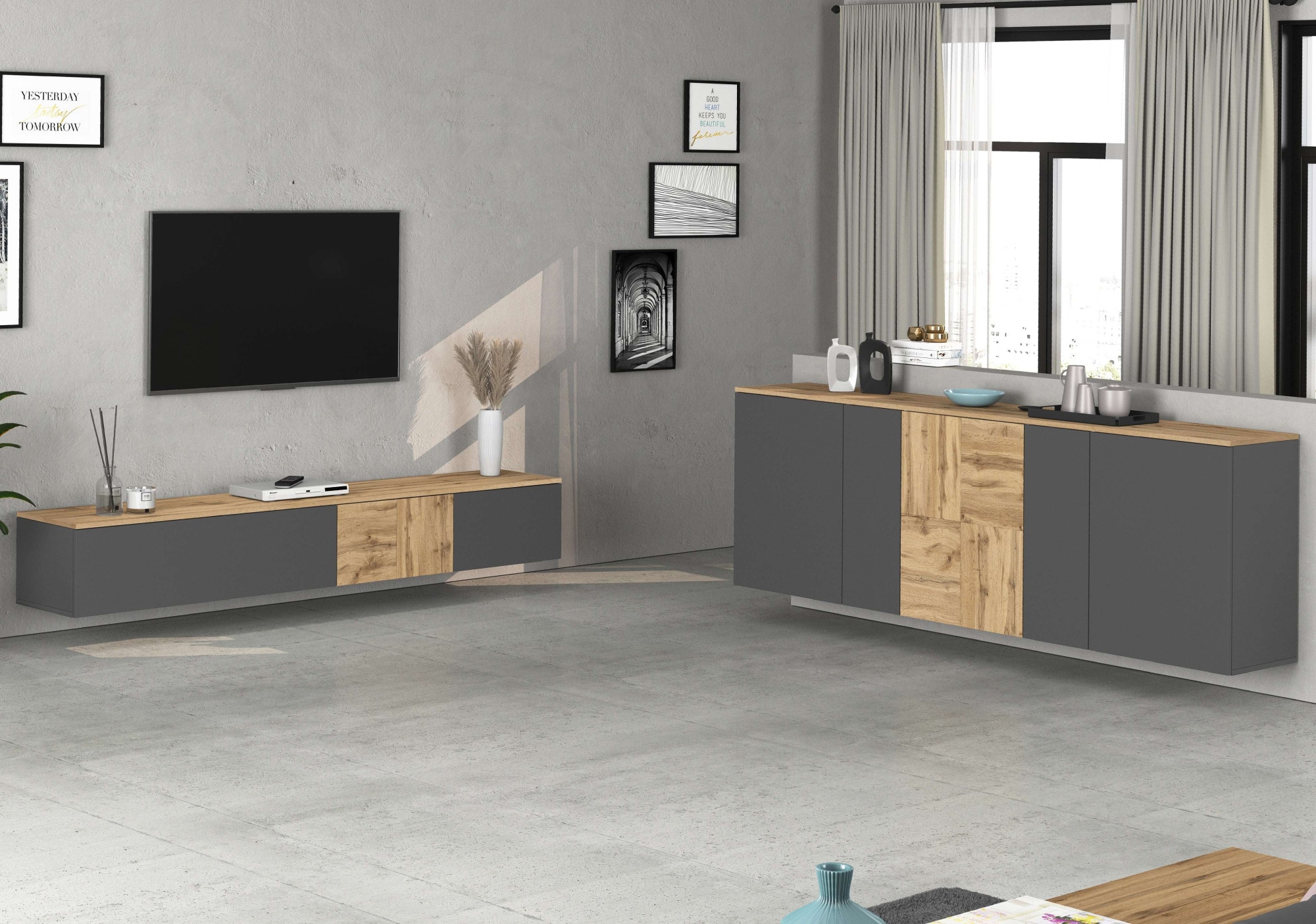 GOODproduct Sideboard »ISEO, Kommode, Schrank, Sideboard, Lowboard, 6 Fächer, Breite 200 cm« 1 Stk. tlg. stehend/hängend, 5 Türen, 6 Fächer, Breite 200 cm