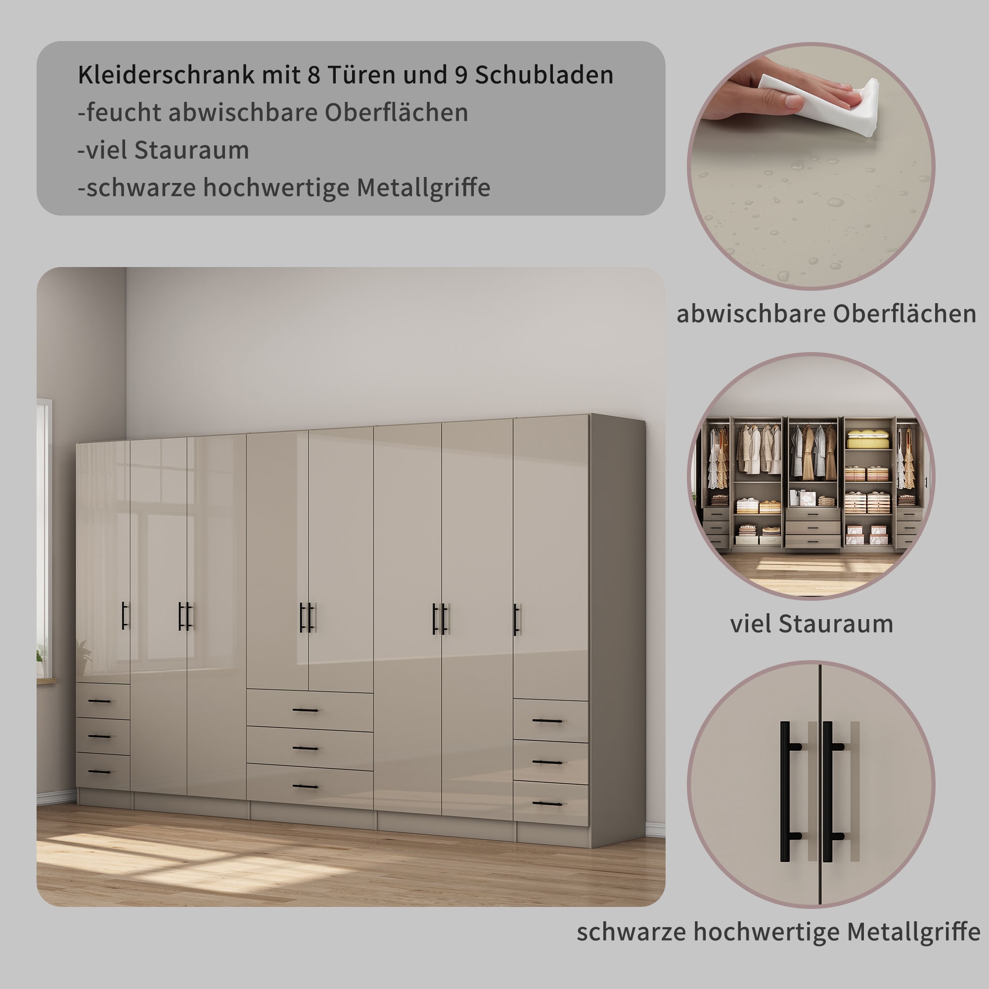 GOODproduct Kleiderschrank »Trento Schlafzimmerschrank Garderobe hochglanz« Schrank mit 8 Türen und 9 Schubladen, hochglänzende Fronten