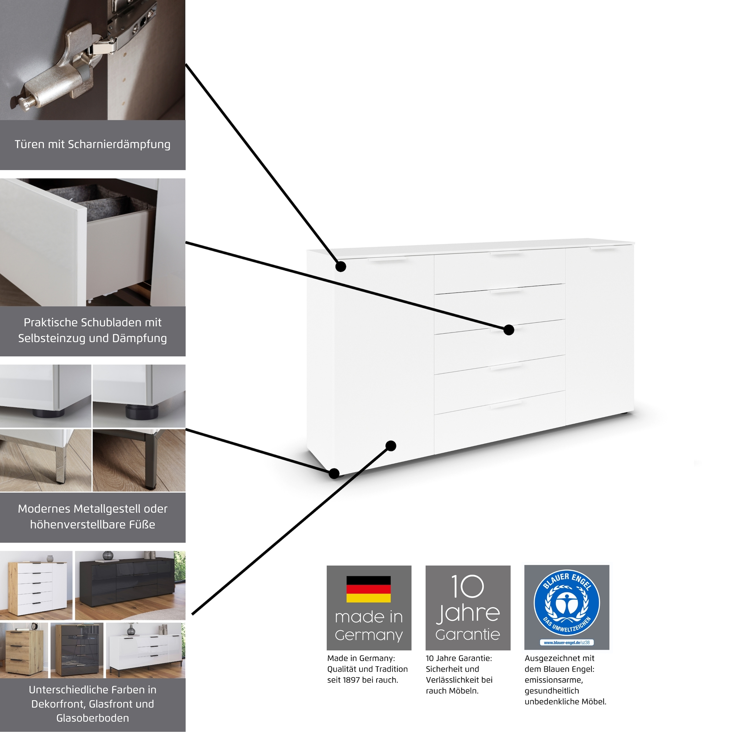 rauch Schubkastenkommode »Kommode Türkommode Sideboard Kombikommode FLIPP« Breite 200 cm mit 4 Einlegeböden,  3-türig mit  5 Schubladen und Soft-Close-Funktion