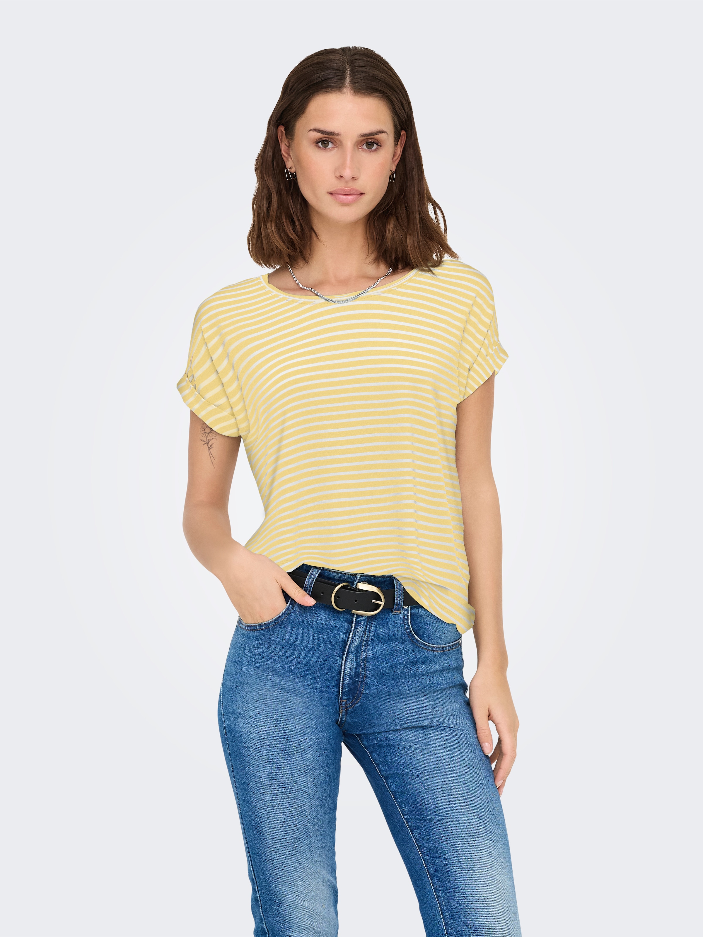 Image of ONLY Kurzarmshirt "ONLMOSTER STRIPE S/S O-NECK TOP JRS NOOS" gestreift, lässig geschnitten, Jersey, Rundhals, Viskosemischung