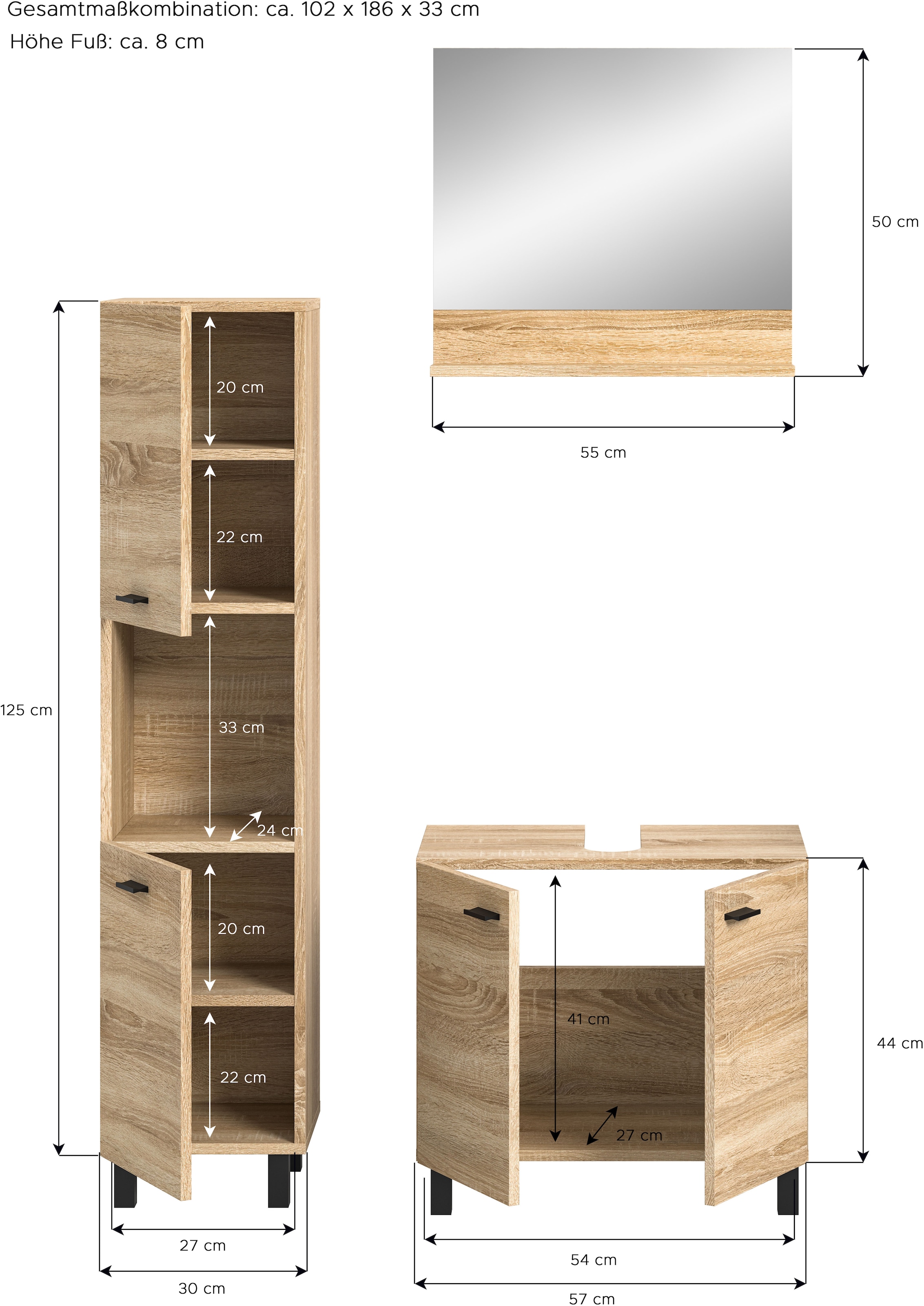 welltime Badmöbel-Set »Tampa, Breite 102cm, 3-teilig«, (3 St.), Waschbeckenunterschrank, Spiegel, Hochschrank