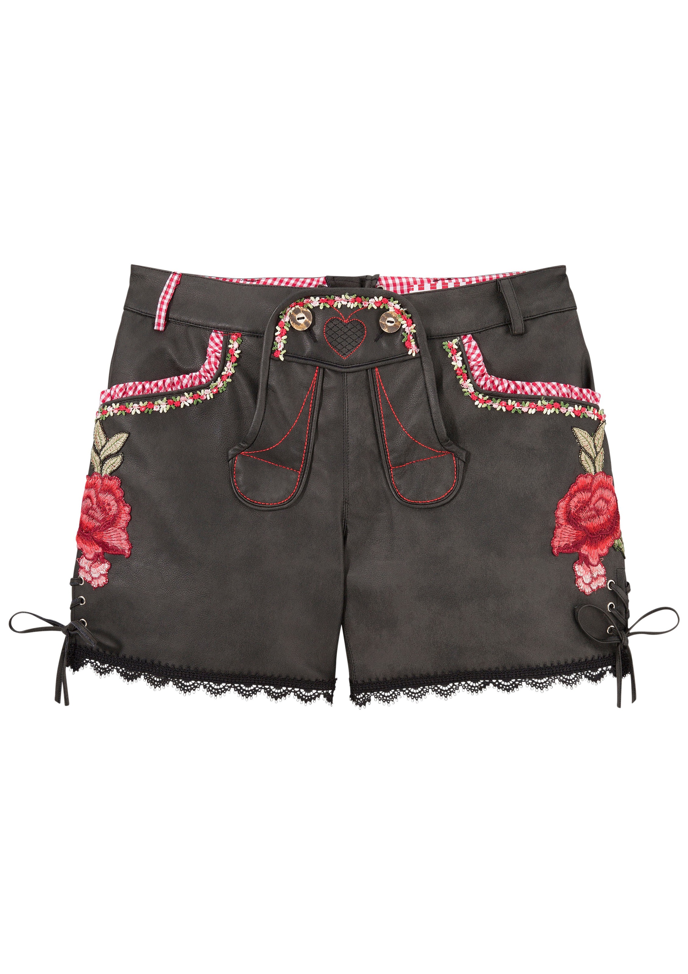 Trachtenshort Damen kurz mit Stickerei und Bänderschnürung