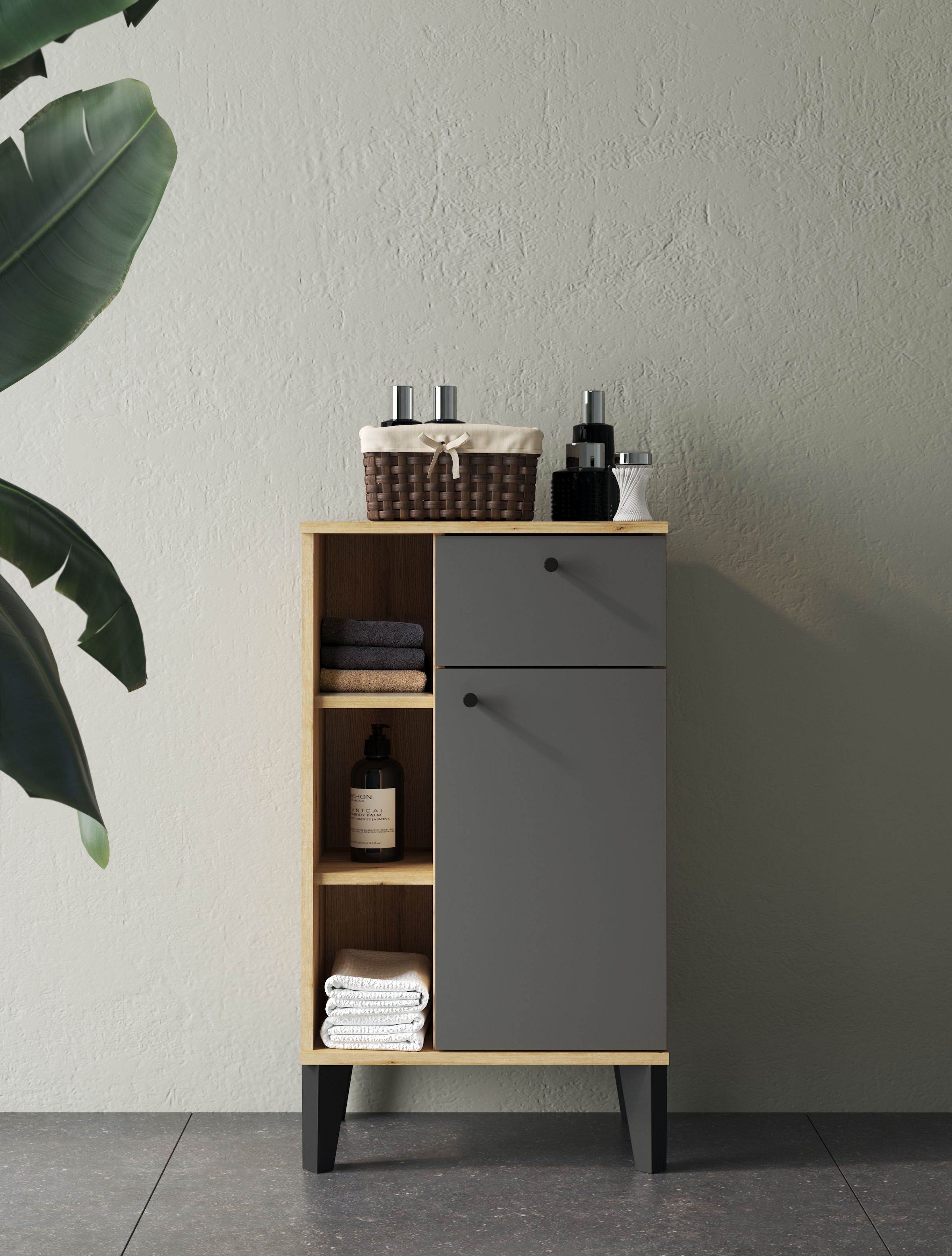 INOSIGN Armoire intermédiaire »Oslo, Badschrank mit Knopfgriff, Schrank im skandinavischen Design« in der Türfarbe Weiss oder Grau verfügbar, ausreichend Stauraum