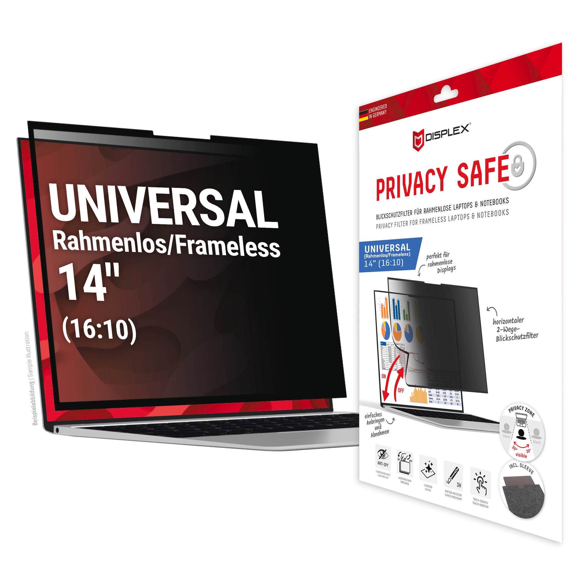 Image of Displex Displayschutzfolie "Privacy Safe" universal, 16:10, Blickschutzfolie, Schutzfolie, Bildschirmschutz