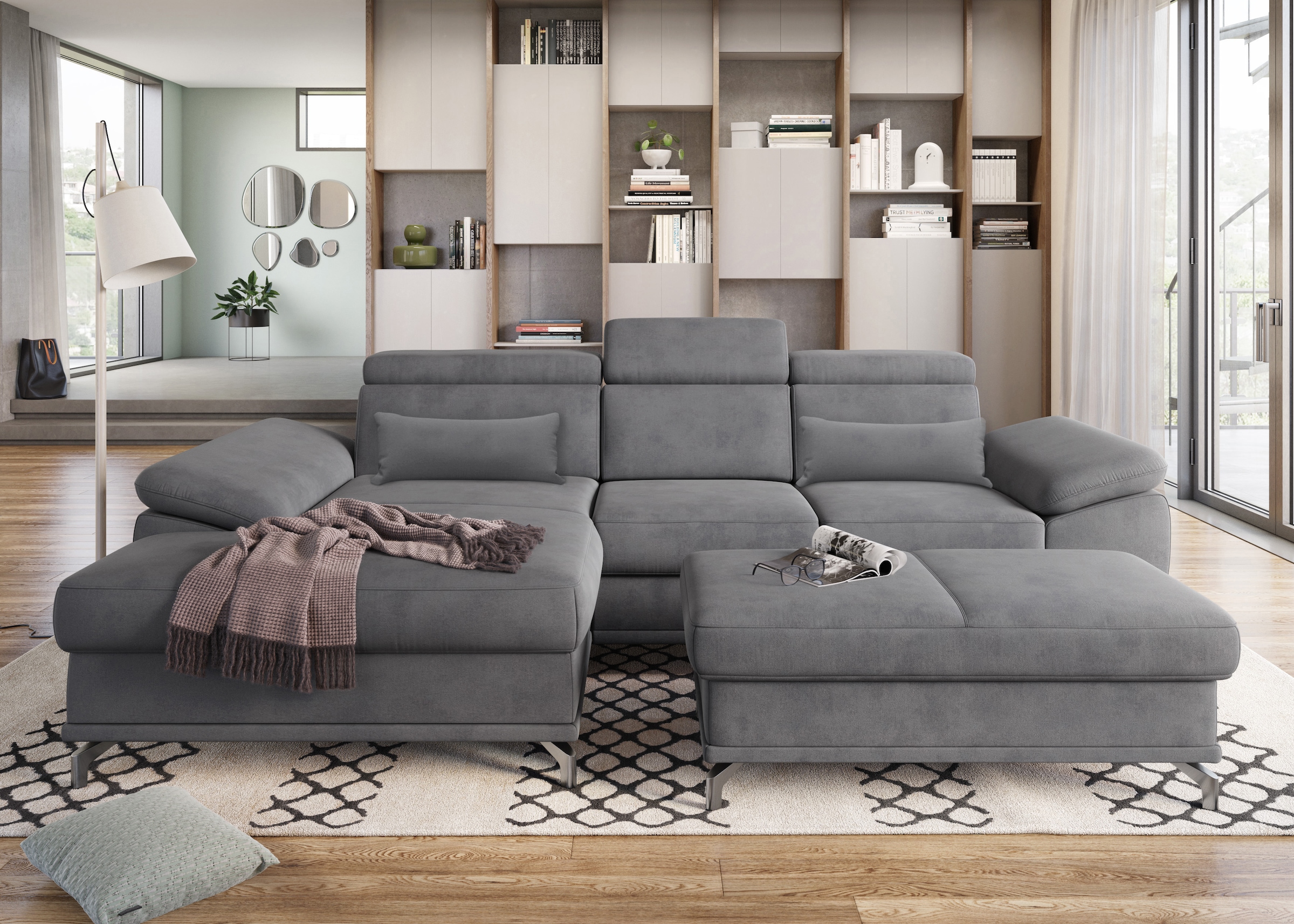 sit&more Ecksofa »Cabrio L-Form, mit Sitztiefenverstellung, Arm- und Kopfteilverstellung«, 2 Nierenkissen, Federkern, optional Bettfunktion und Stauraum