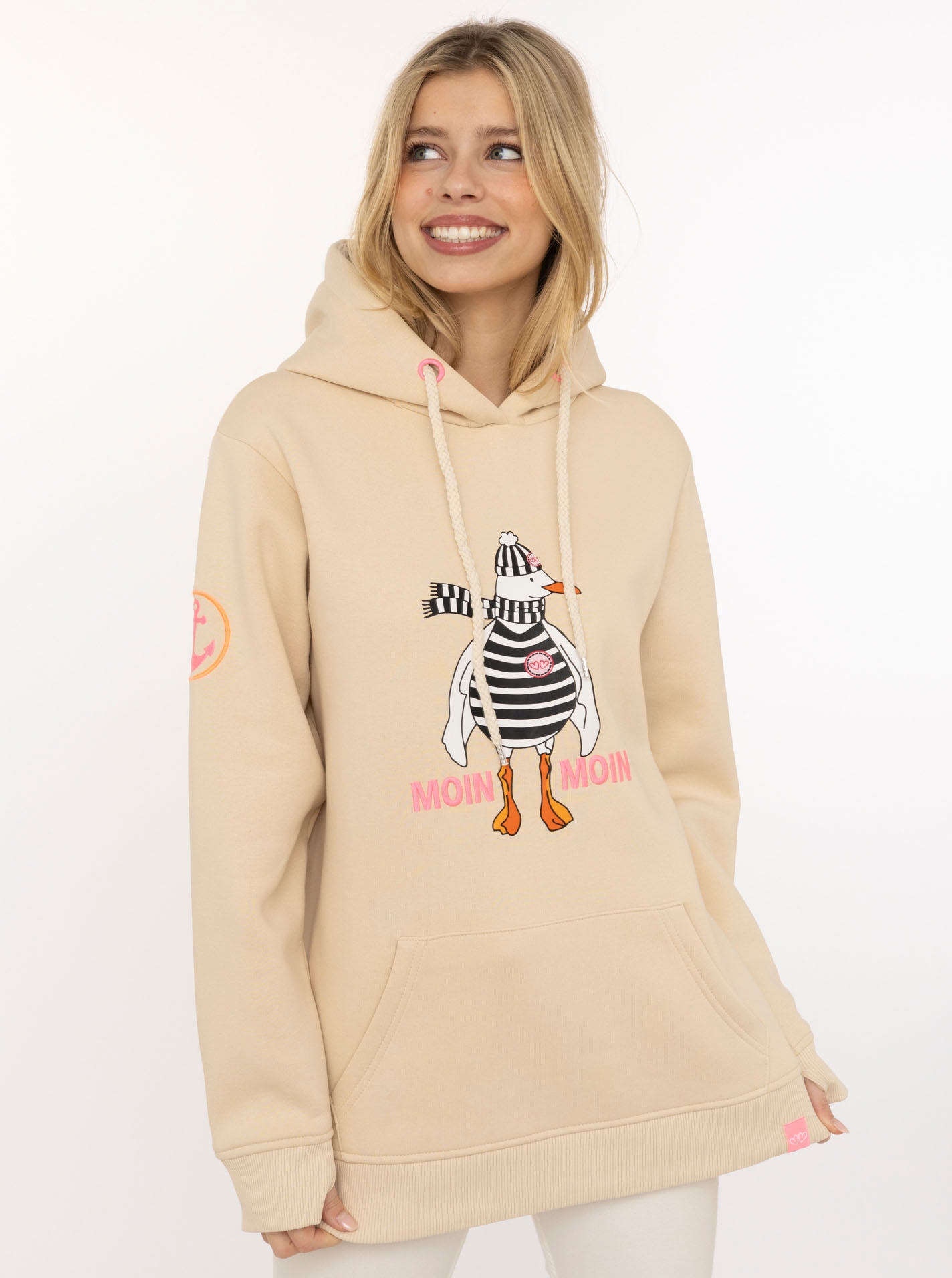 Image of Zwillingsherz Hoodie ""Moin Moin Möwe"", mit nordischem Gruss, lustiger Möwe, Fronttasche