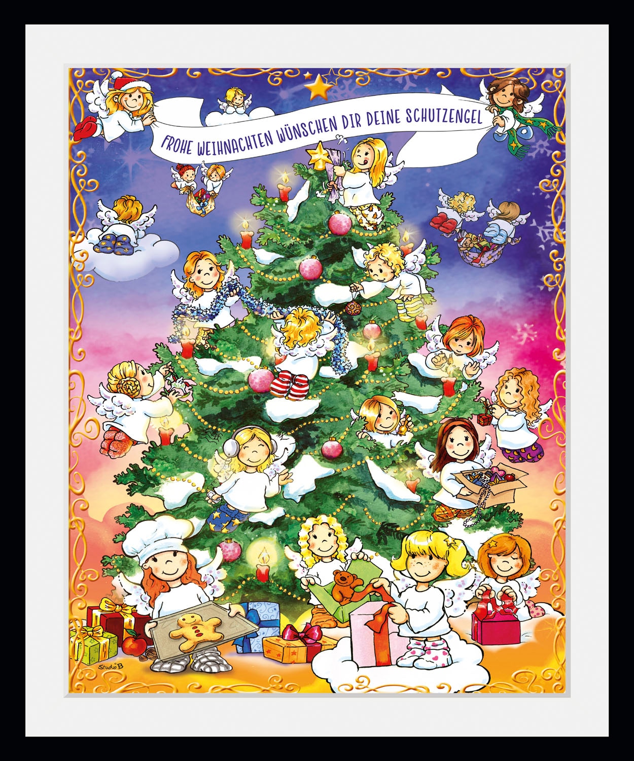 Image of queence Bild "Christmas Tree" Engel Schriftzug Schriftzüge Tannenbaum Weihnachten Weihnachtsbaumkugeln 1 Stk. tlg. HD Premium Poster-Druck inkl. Holzrahmen