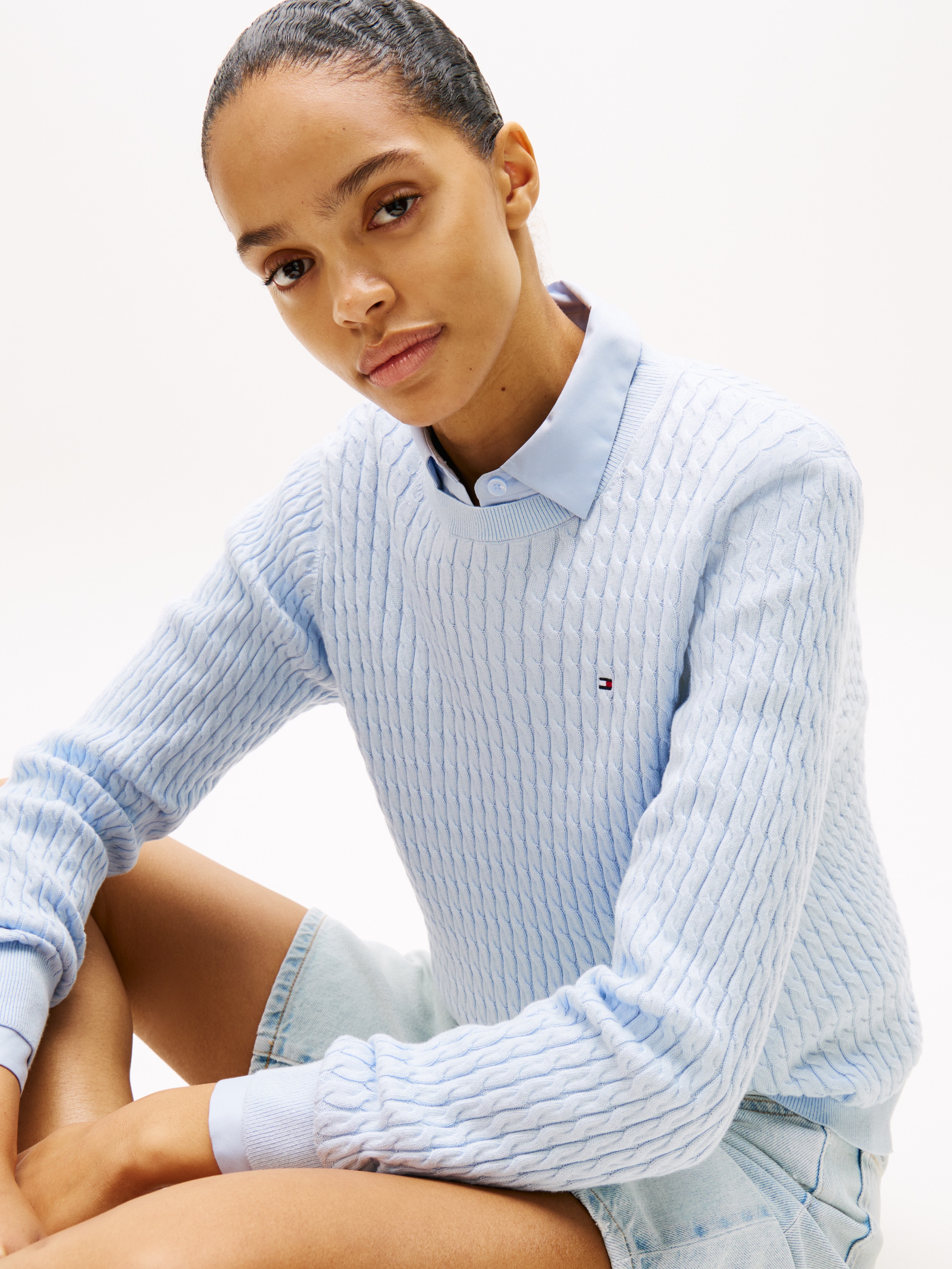 Tommy Hilfiger Pull à col rond »CO CABLE C-NK LS SWEATER« coton, avec motif torsadé, coupe régulière