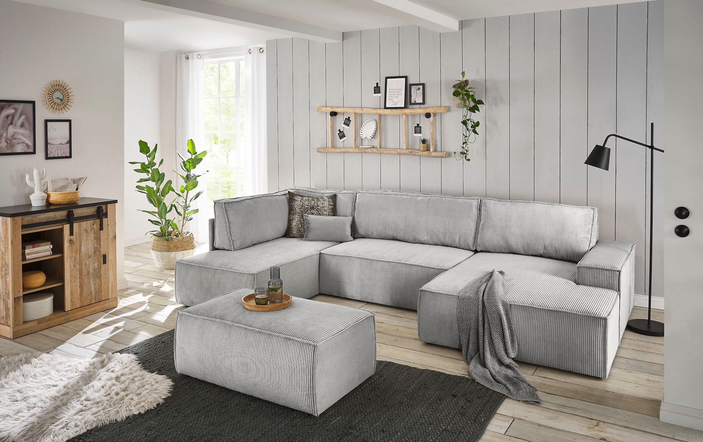 Home affaire Wohnlandschaft »SHERWOOD 329 cm, U-Form, Schlafsofa,«, Schlaffunktion m. Bettkasten (194x139 cm), Cord, Vintage, Samtvelours