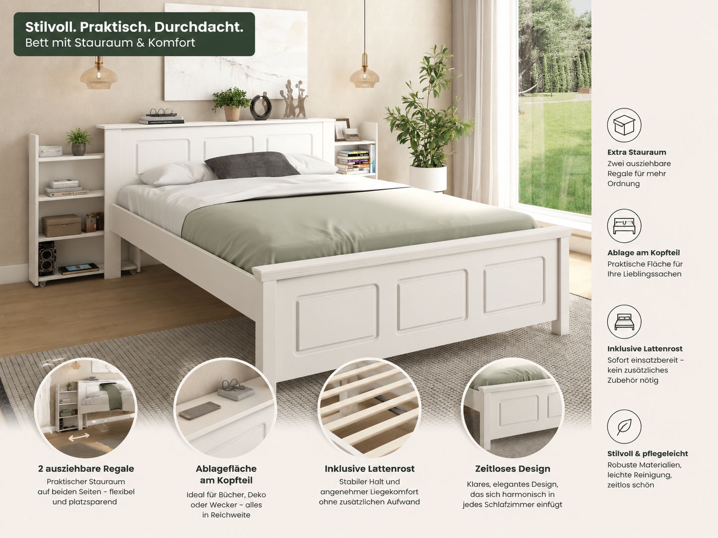 GOODproduct Lit »Malme, mit unsichtbaren, herausziehbaren Regalen, maximaler Stauraum« ,  y compris sommier à lattes, fabriqué en UE, bois massif certifié FSC®