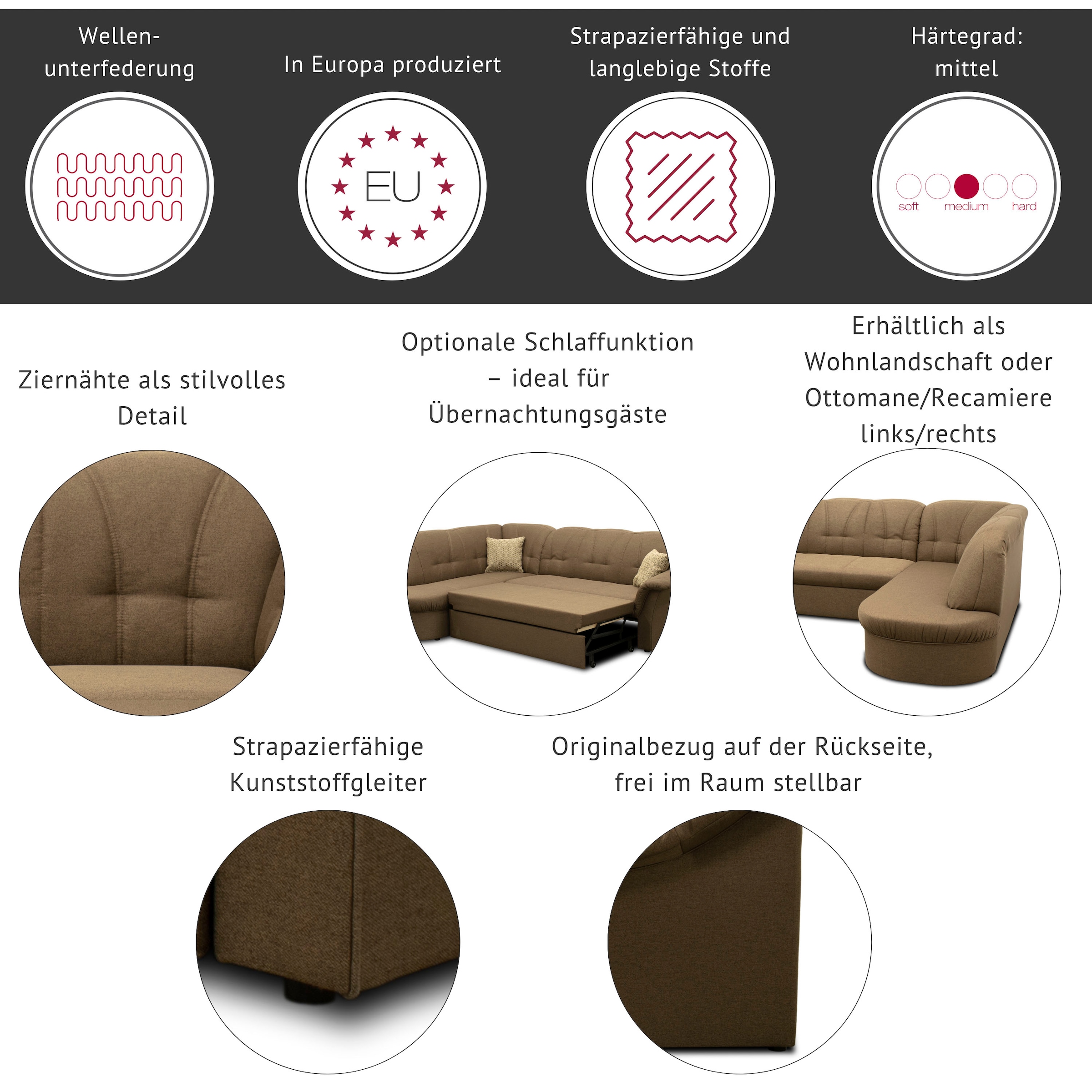 DOMO collection Ecksofa »Pegnitz, elegante Rückensteppung, zeitlose Formensprache, L-Form« wahlweise mit Bettfunktion