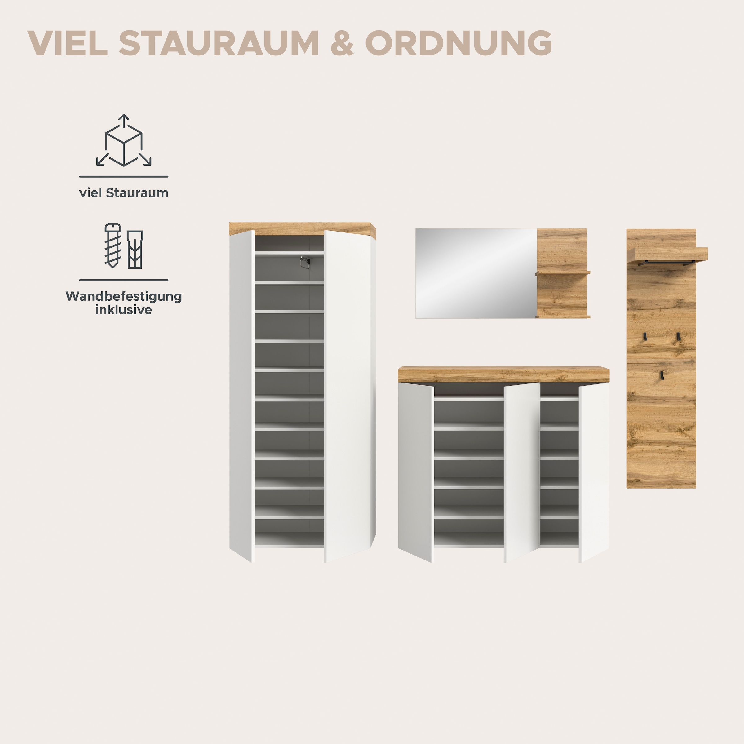 GOODproduct Garderoben-Set »MAMBO, 4-teilige Kombination, stehend & hängend montierbar« bestehend aus: Garderobenschrank, Kommode, Spiegel, Garderobenpaneel, 4 Stk. tlg.