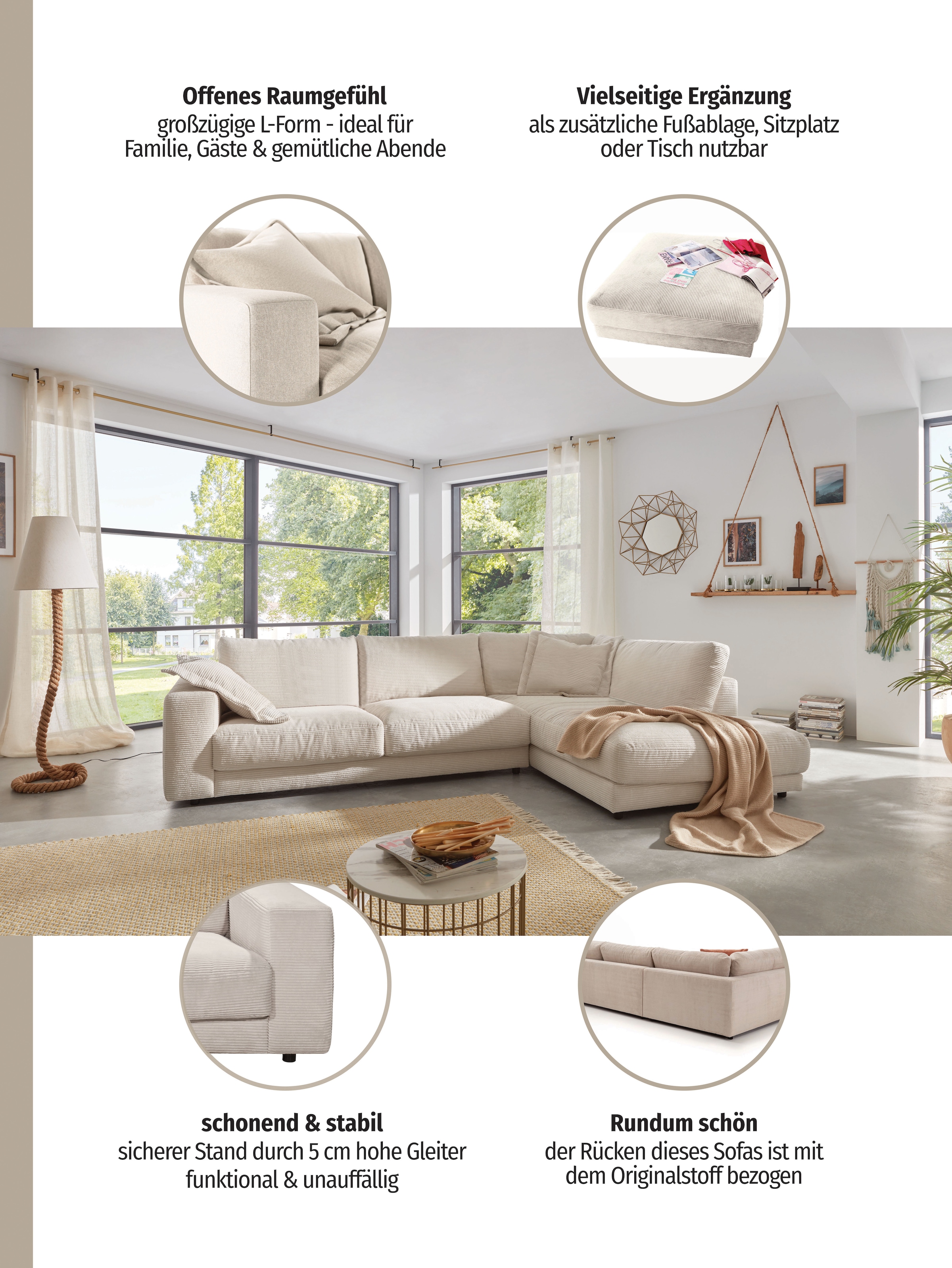 Home affaire Ecksofa »Enisa XXL  B/T/H: 325/224/85 cm L-Form« Kuschelig, gemütlich, in 5 Farben, Bezug in Cord, mit 2 Zierkissen