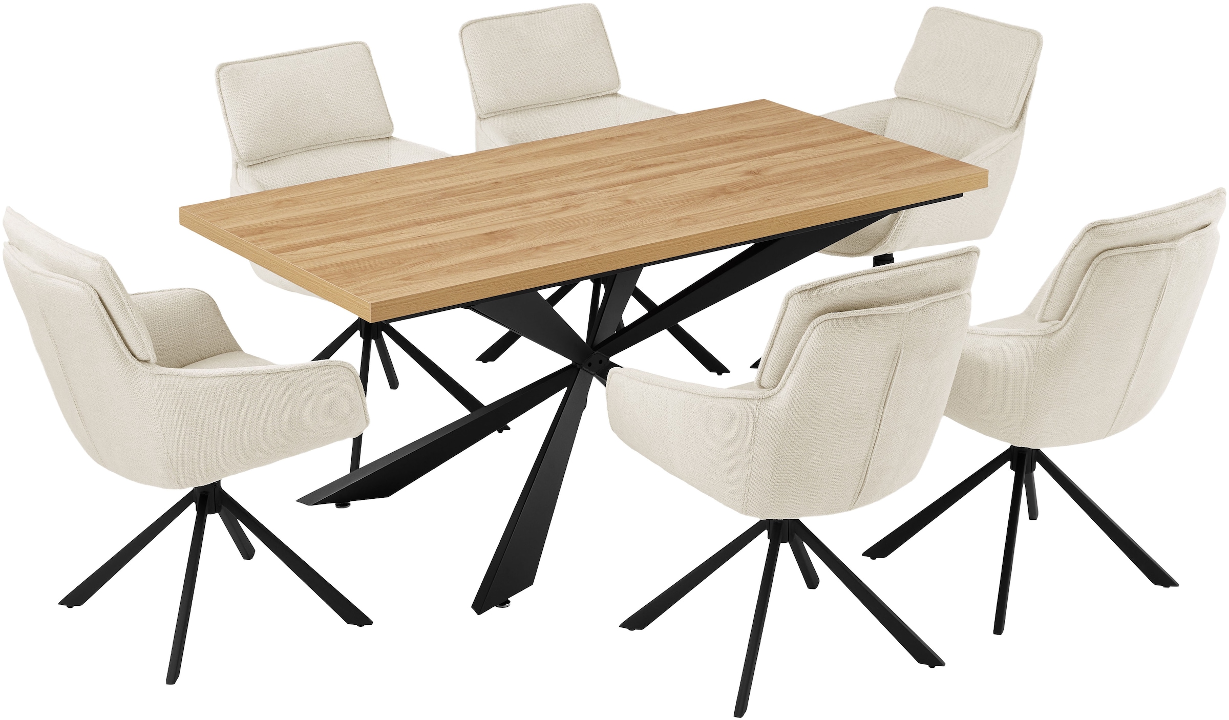 GOODproduct Ensemble de salle à manger »Cusey, besteht aus einem Esstisch und vier Stühlen« Set, Stühle drehbar, Esstisch 160 cm, 4 cm starke Tischplatte, 5 cuis tlg. kratzfester Tisch in Holzoptik, drehbare Stühlen, atmungsaktivem Stoff