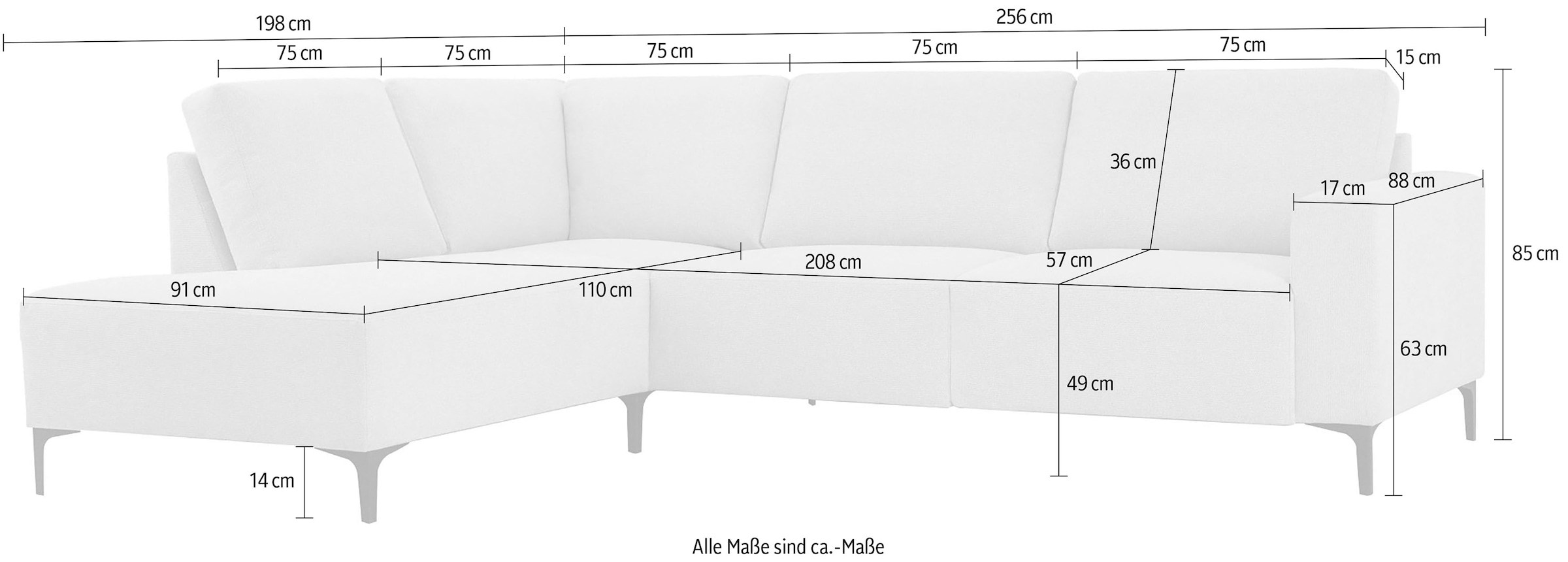 Home affaire Ecksofa »Tournon, L-Form, Breite 256 cm, Webstoff, Chenille«, Designsofa im nordischen Stil, Wellenunterfederung, Metallfüsse