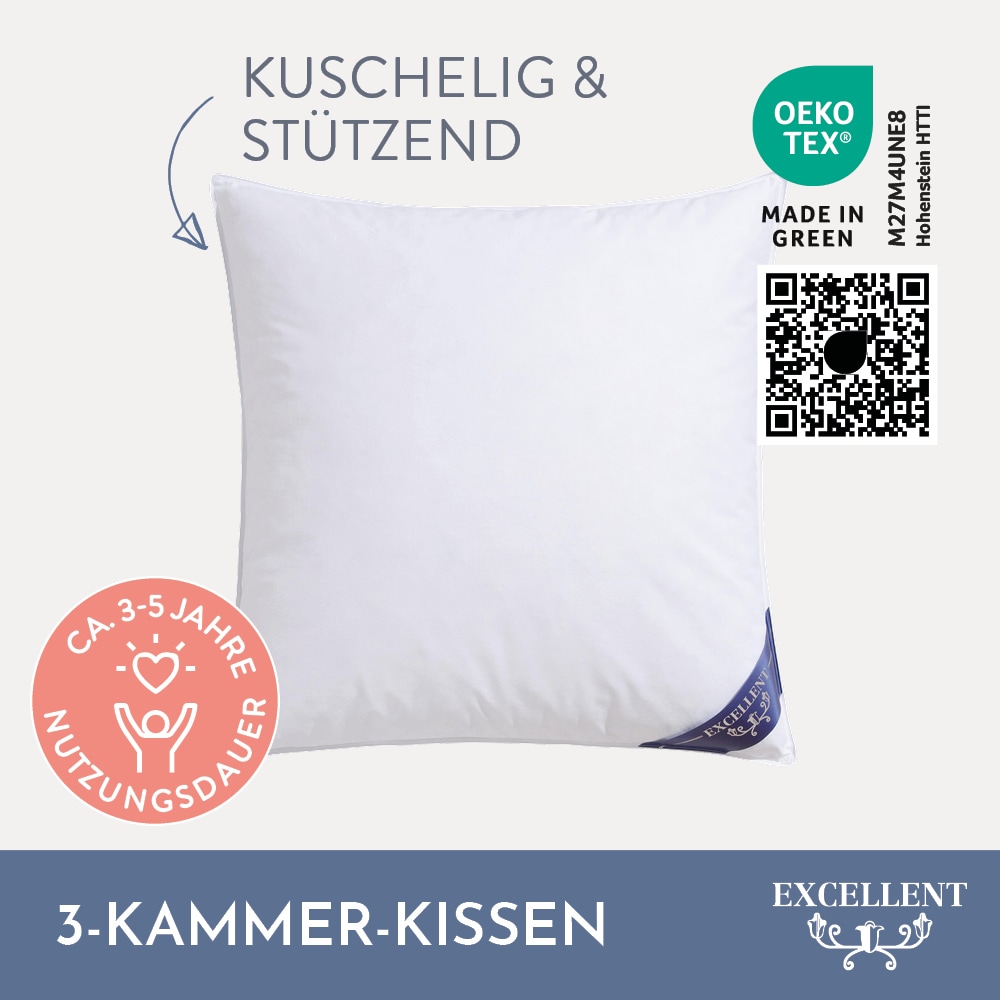 Excellent 3-Kammer-Kopfkissen »Venedig Kissen erhältlich im Einzel- oder Doppelpack!«, Füllung: 60% Daunen Aussenkammer, Bezug: 100% Baumwolle, hergestellt in Deutschland, allergikerfreundlich.