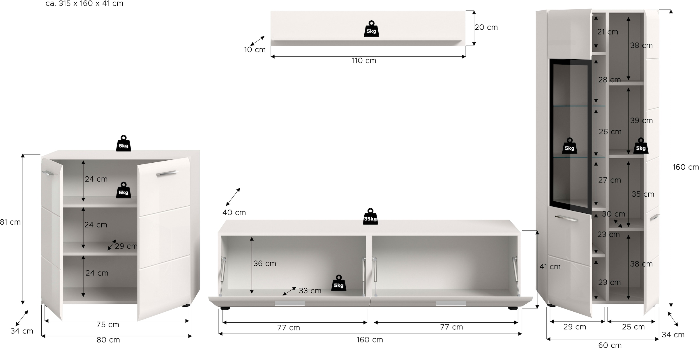 INOSIGN Wohnwand »FLORENZ, 4-teilige Wohn-Kombination, hochwertige MDF-Front« Set, Set, best. aus: 1 Kommode, 1 Lowboard, 1 Vitrine, 1 Wandboard, 4 Stk. tlg.