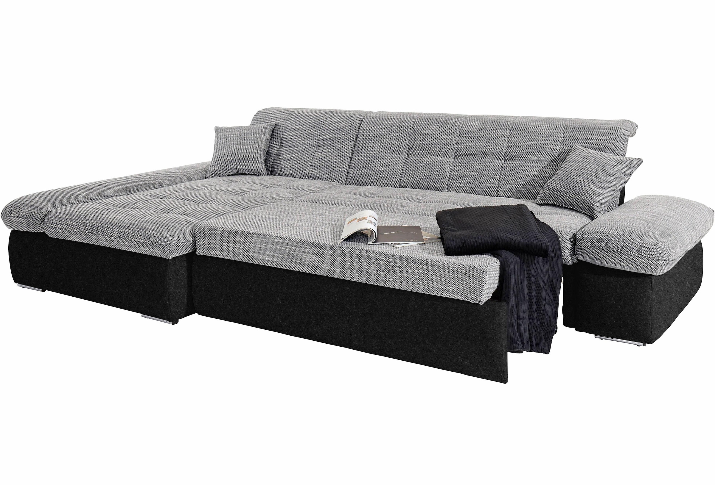 DOMO collection Ecksofa »Moric, L-Form, XXL-Sofa - Breite 300cm«, wahlweise mit Bettfunktion und Armteilverstellung, weiss-grau