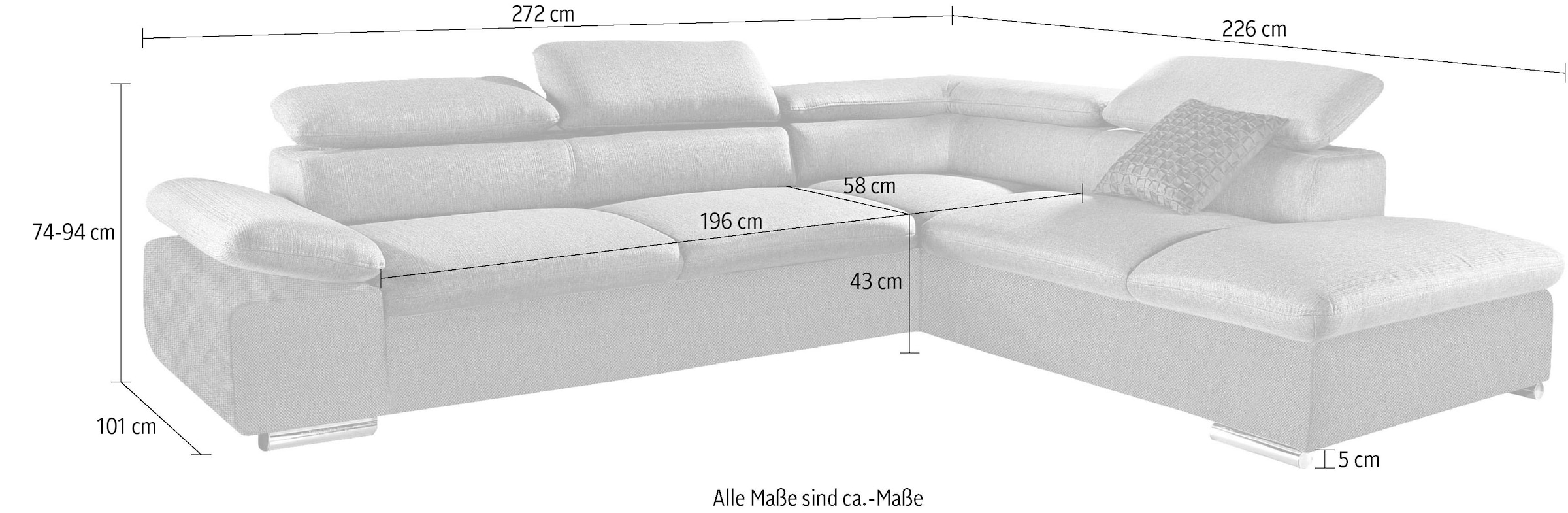 sit&more Ecksofa Alcudia L-Form, wahlweise mit Bettfunktion, inklusive Arm- und Kopfteilverstellung