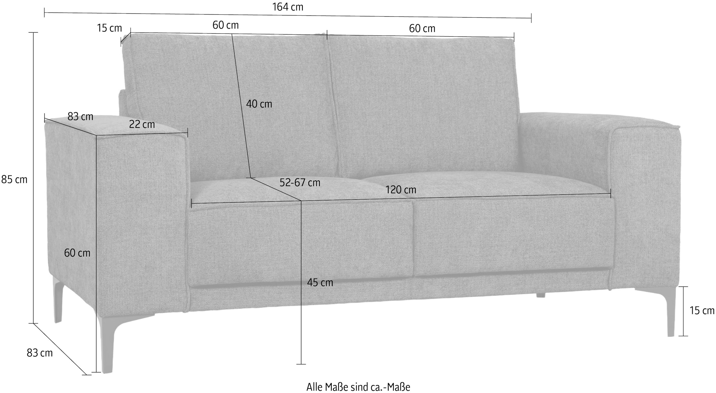 GOODproduct 2-places »Kompaktsofa Oland mit modernem Chenille-Bezug« 164 cm, Wellenunterfederung, Skandi-Design, Metallfüsse