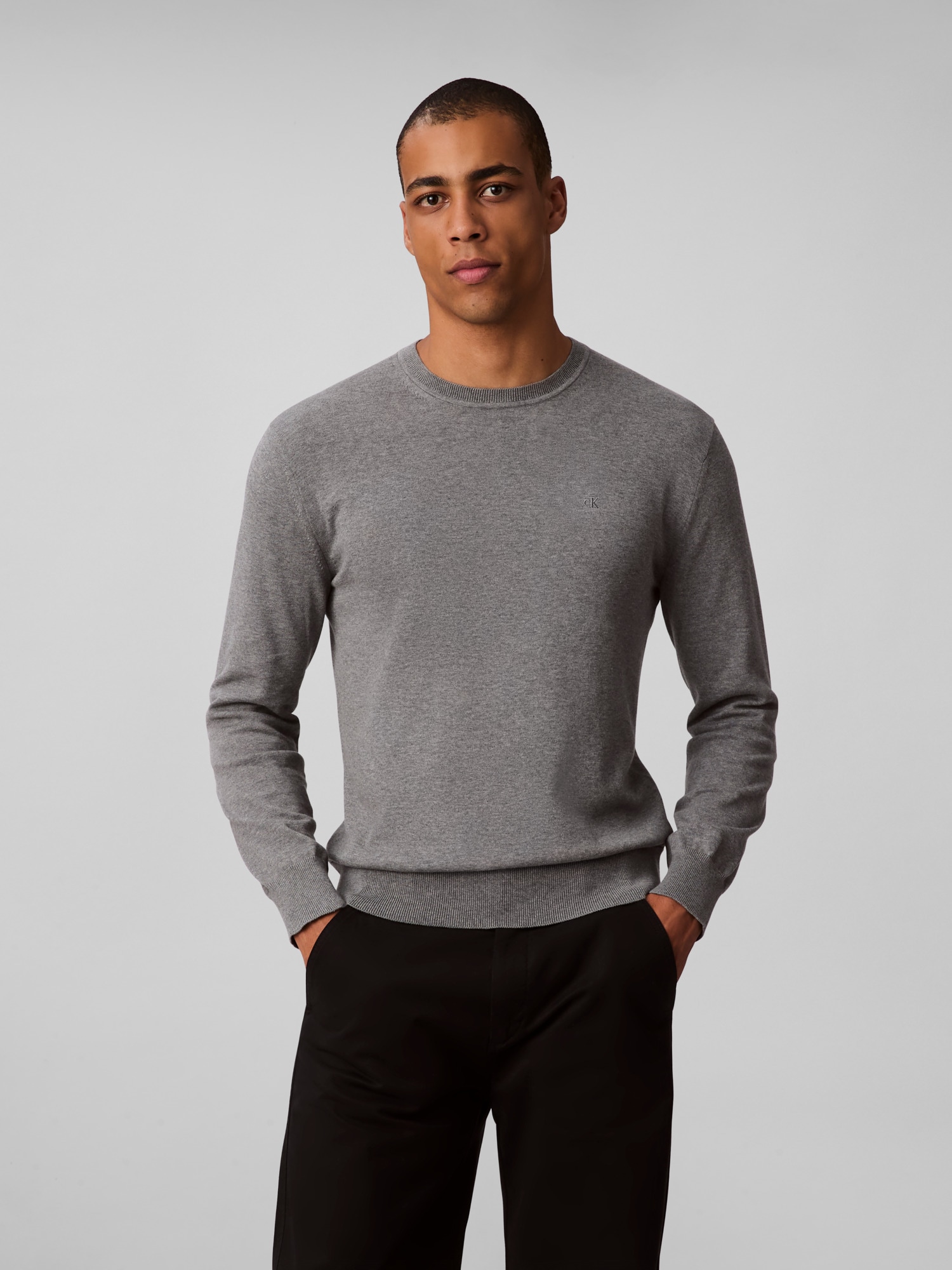 Calvin Klein Herren Medium Grau Htr Strickpullover "Ls Supima Cotton Crew 14Gg" Mit Rundhalsausschnitt
