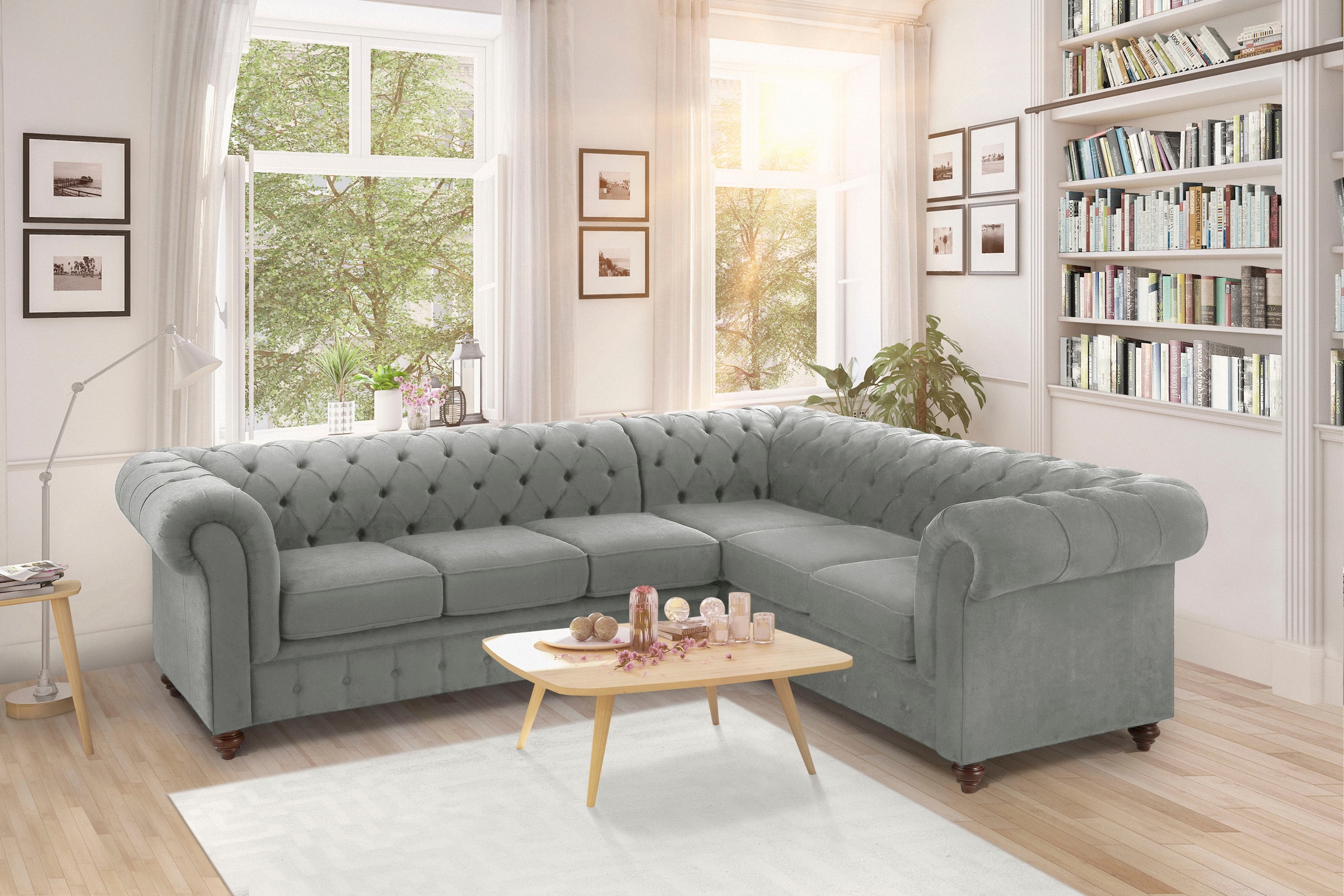 Home affaire Canapé Chesterfield »Duc Ecksofa L-Form« hochwertige Knopfheftung im Rücken, Samtoptik mit changierender Optik