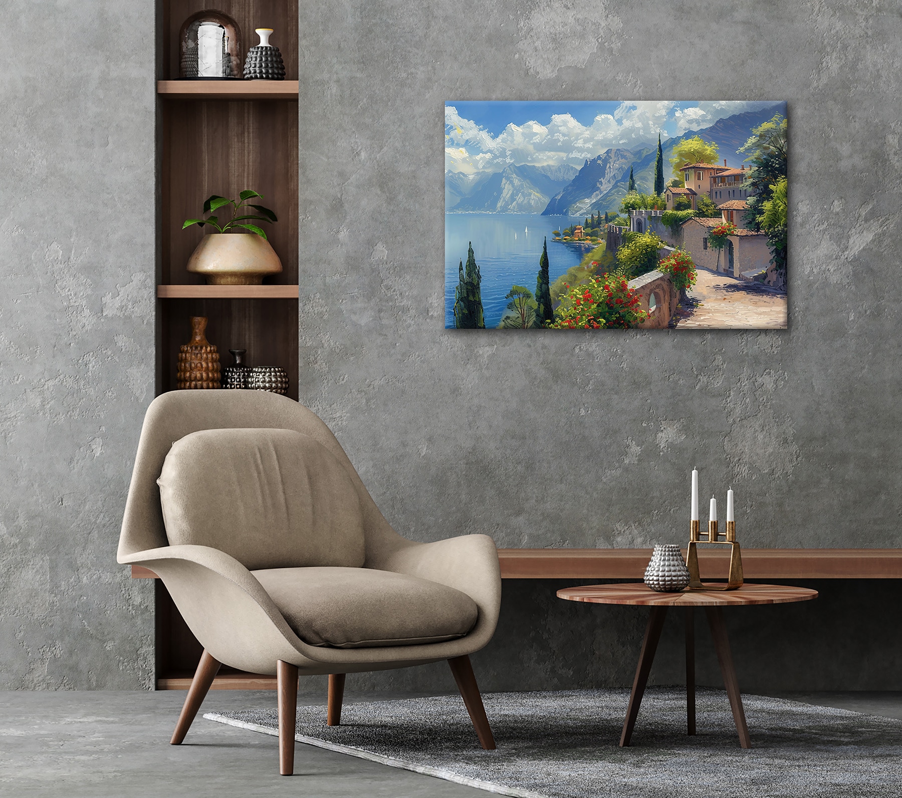 Bönninghoff Tableau sur toile »Wandbild STADT AM BERGSEE 60x90 cm – Leinwandbild Keilrahmen Deko« Bâtiments | Images marines | Italie | Mer | Montagnes | Nature | Paysage 1 cuis tlg. tendu sur châssis
