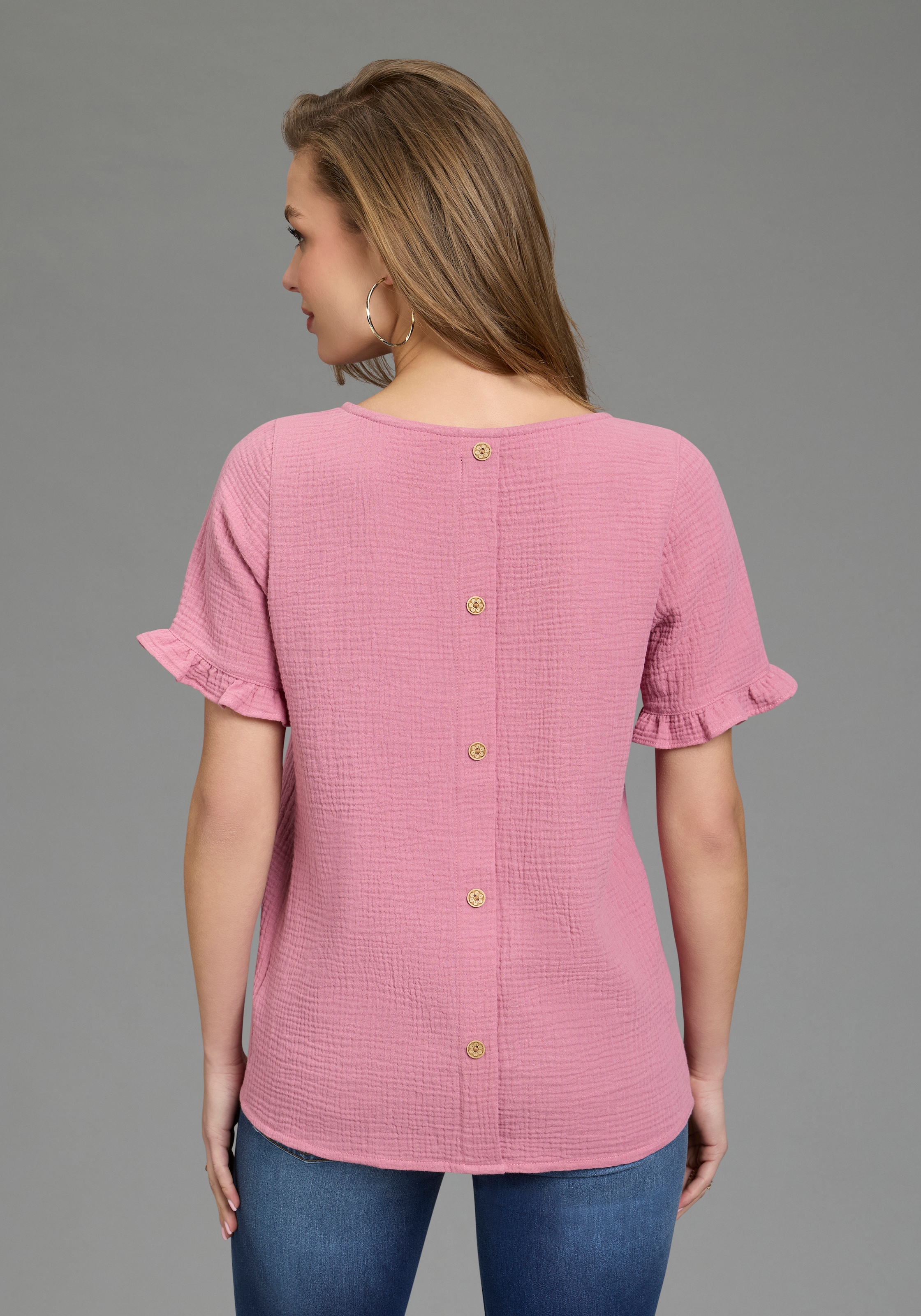 Laura Scott Chemisier à volants mit Zier-Knopfleiste am Rücken, unifarben, aus Baumwoll-Musselin