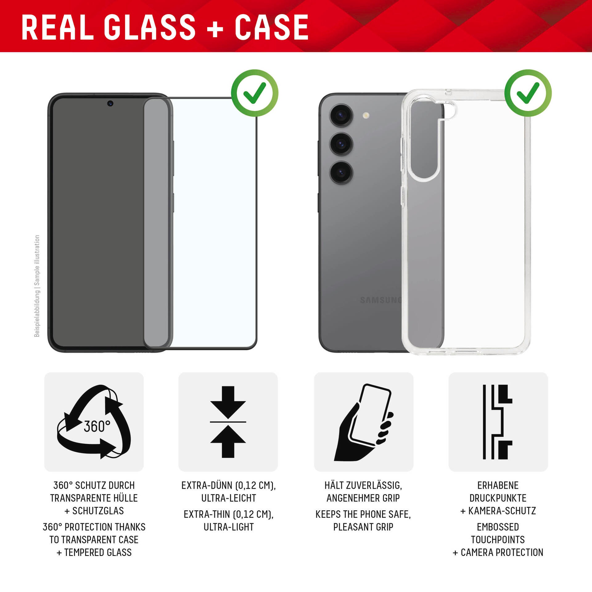 Displex Verre de protection d'écran »Real Glass + Case« für Samsung Galaxy S24 Ultra Displayschutzfolie Displayschutz Rundumschutz 360 Grad splitterfest