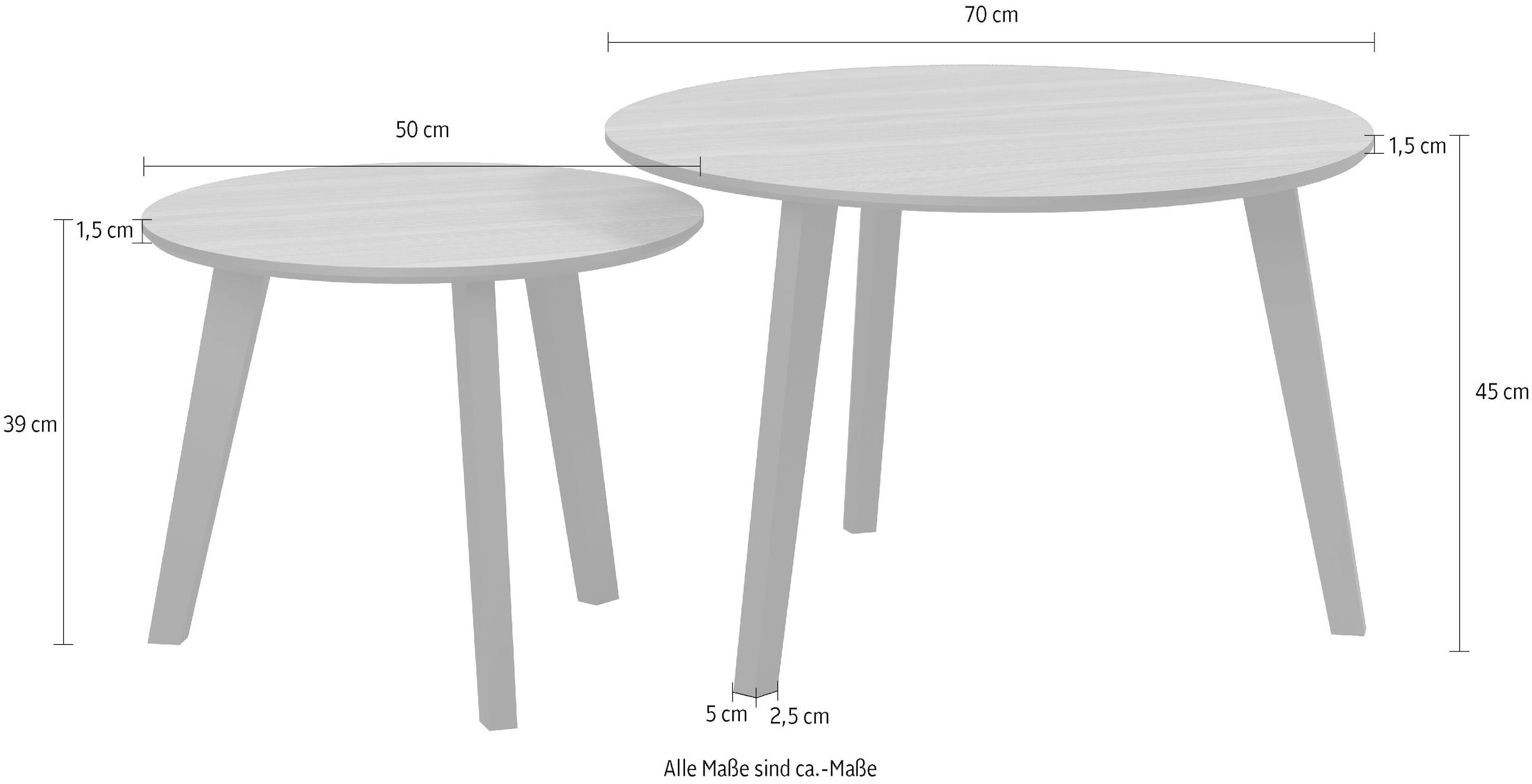 Home affaire Table basse »Ronda« Ensemble, 2 cuis tlg. tables d'appoint avec pieds en bois massif - dimensions (L/P/H) 50-70/39-45/50-70 cm