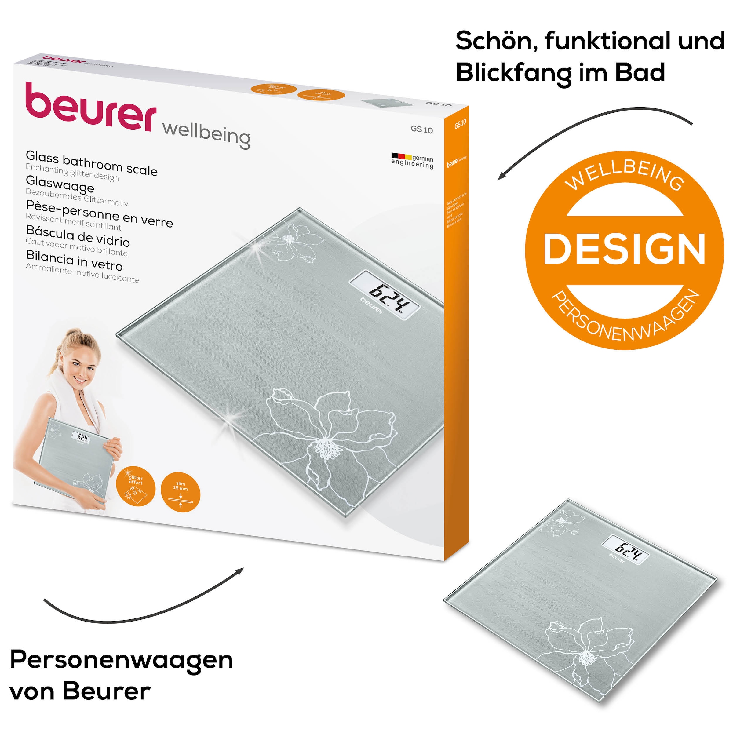 BEURER Pèse-personne »GS 10 besonders flach mit nur 1,9 cm, Tragkraft bis 180 kg« Wiegefläche aus Sicherheitsglas, mit Einschaltautomatik