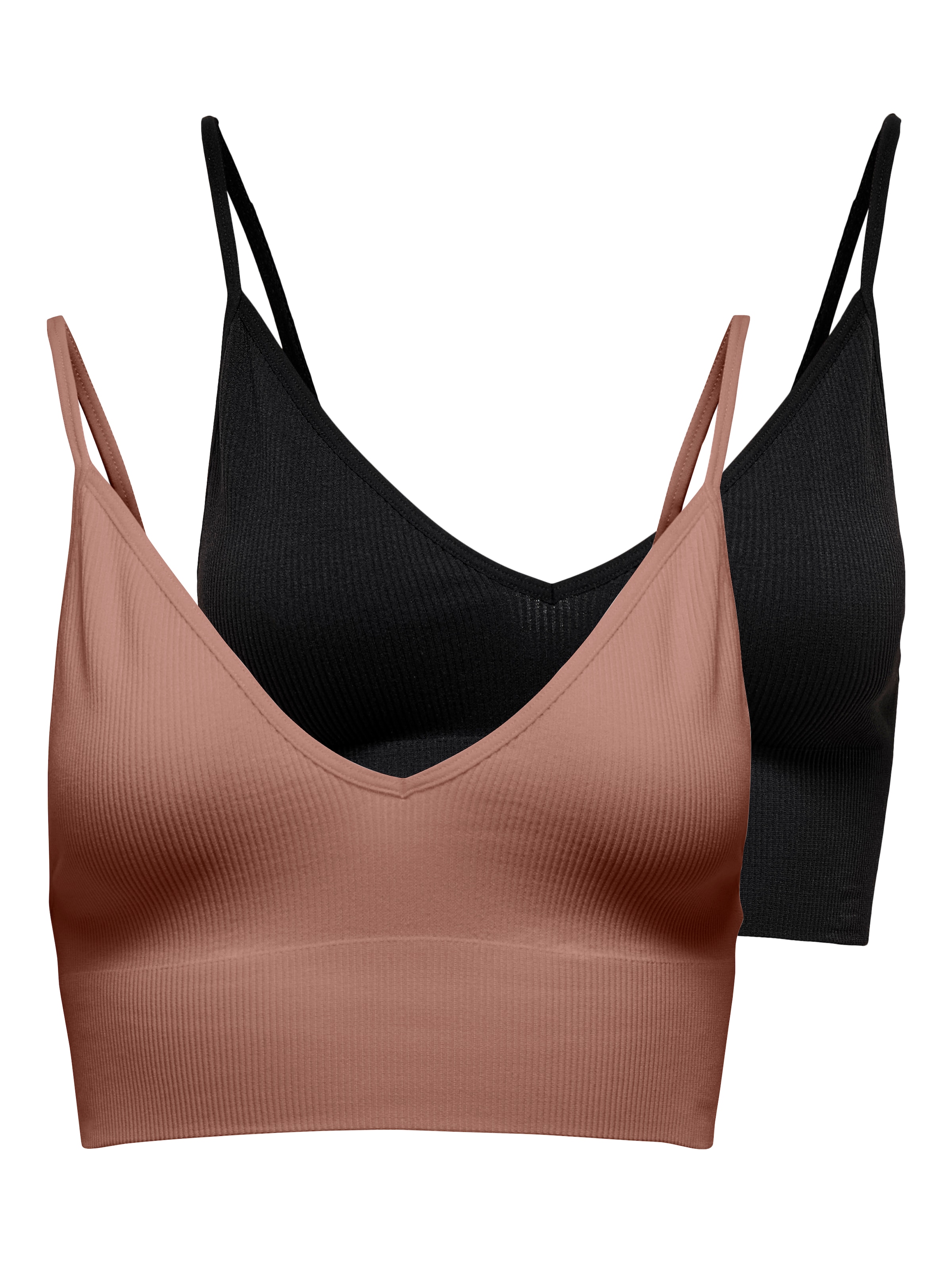 Image of ONLY Bustier "ONLVICKY – BH-Tops mit geripptem Detail im 2er-Pack" Packung, 2 figurbetont, modisch, Materialmix, Jersey, Spaghettiträger