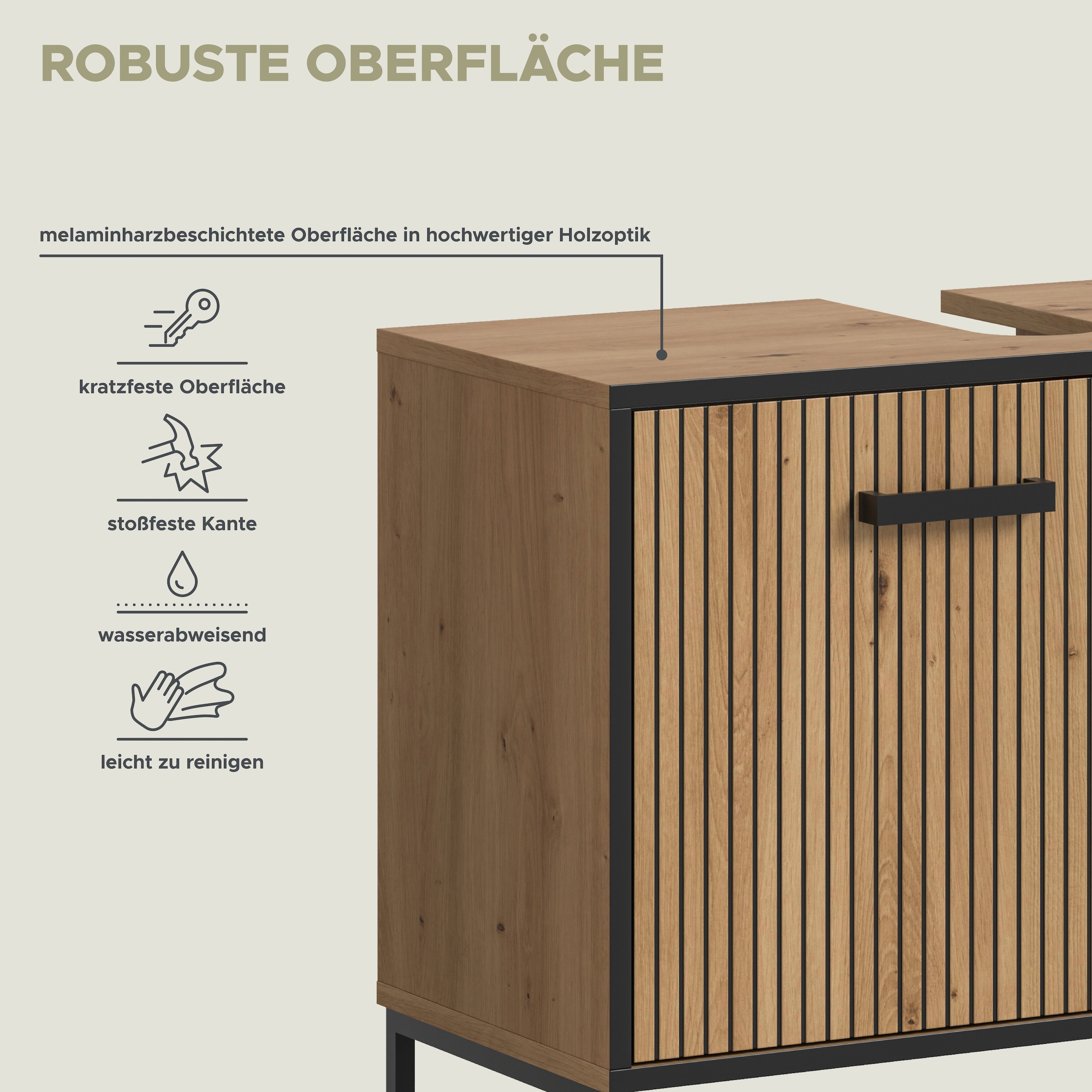 welltime Waschbeckenunterschrank »LOCRI, Höhe 63 cm, 2 Türen, 2 Einlegeböden, mit Siphonausschnitt« industrial Look mit Rillenoptik & Metall Kufen, 1 Stk. tlg. Badmöbel, Badschrank, Badkommode, Kommode, Schrank, Bad, Badezimmer