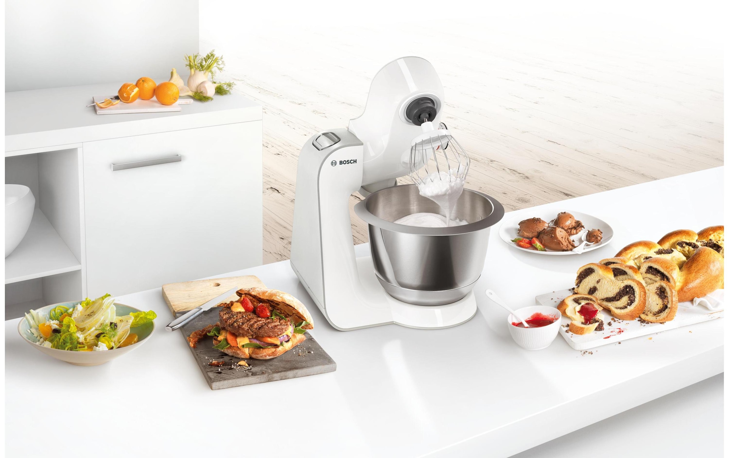 BOSCH Robot de cuisine »Serie 4 MUM58L20, Durchlaufschnitzler, Mixer, grau« 3 Scheiben, Schüssel, Knethaken/Rühr-/Silikonbesen, spülmaschinenfest