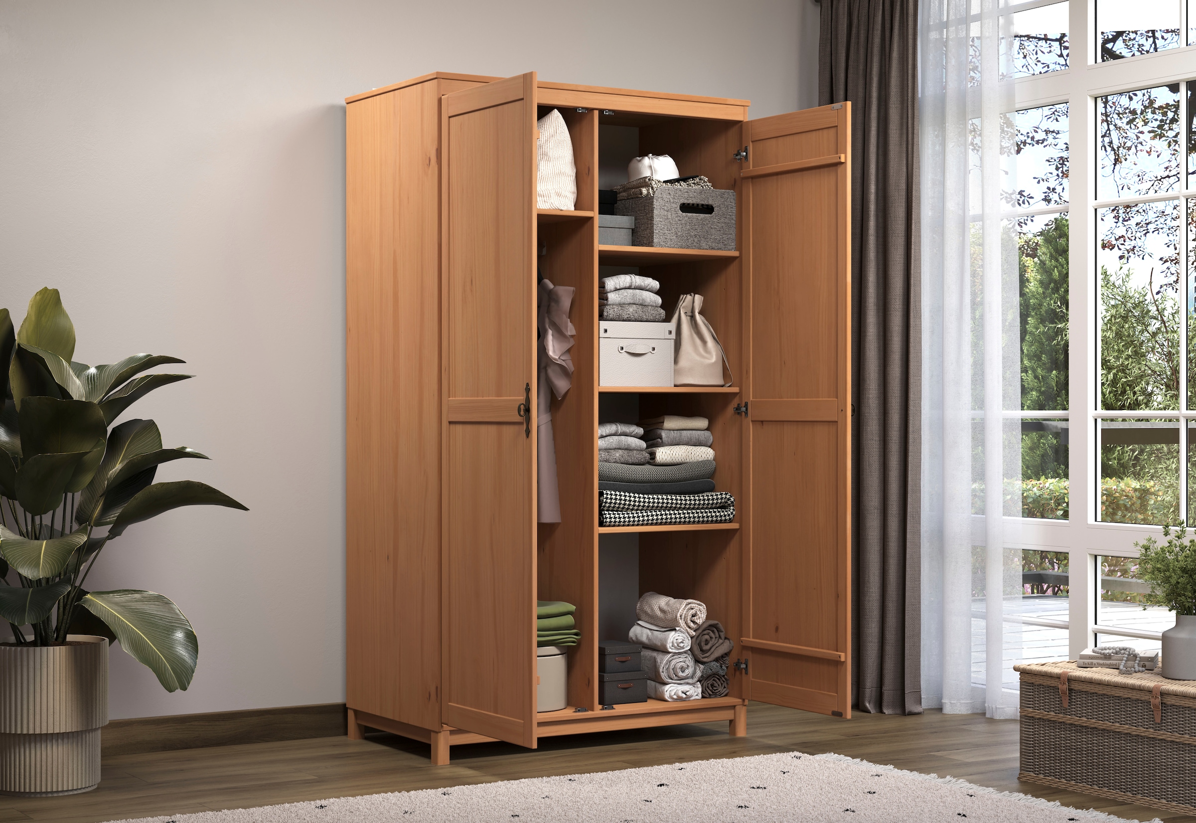 Home affaire Kleiderschrank »Sandnes Kieferschrank Schlafzimmer Schrank TOPSELLER weiss« natürlicher Landhaus-Look  B/T/H = 108x60x194cm, 1 Stk. tlg. Massivholz Schlafzimmerschrank mit besonderen Metallgriffen