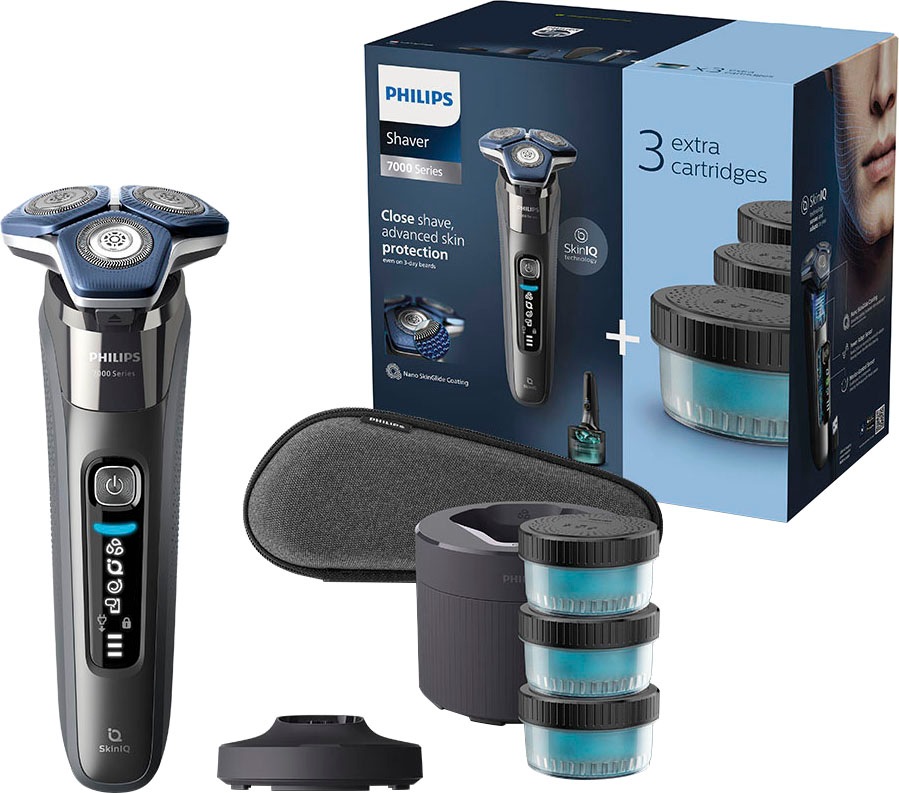 Image of Philips Elektrorasierer "Shaver Series 7000 S7887/63" Reinigungsstation ausklappbarer Präzisionstrimmer 4 Reinigungskartuschen, Ladestand, Etui, mit SkinIQ Technologie