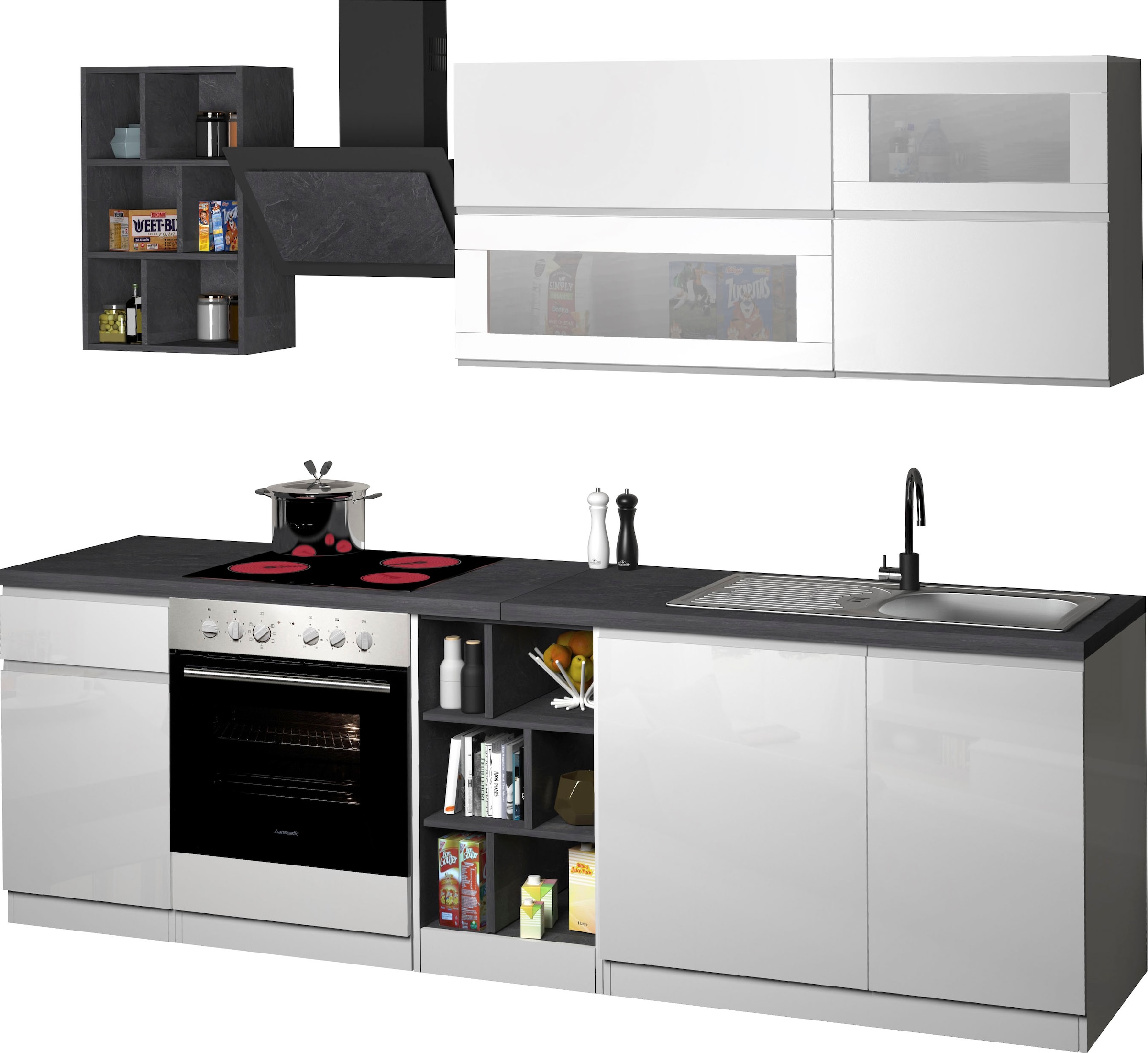 KOCHSTATION Kitchenette »KS-Sole« Breite 256 cm, Hängeschränke mit Milchglas, ohne E-Geräte