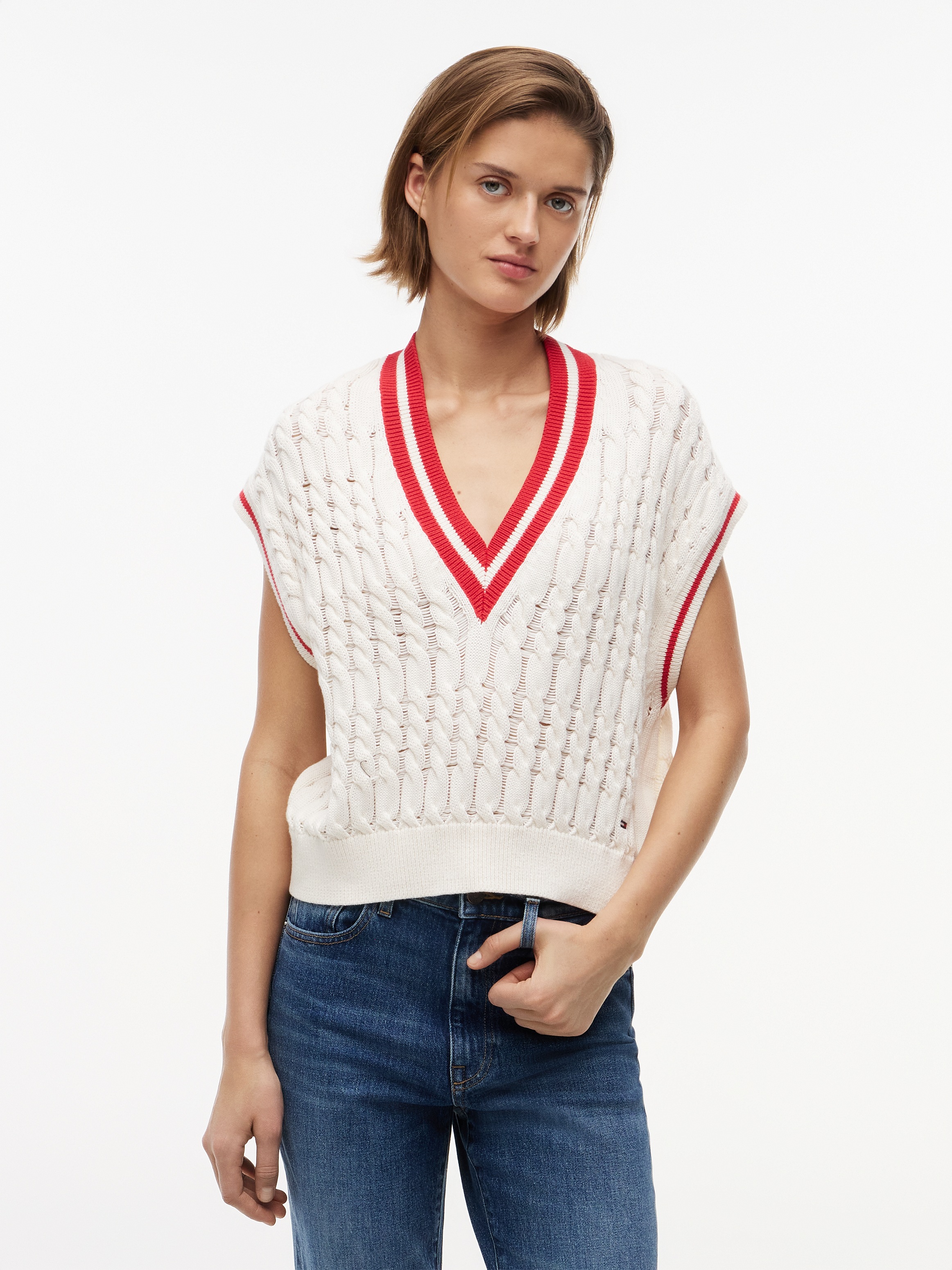 Image of Tommy Jeans Pullunder "TJW TIPPING V NECK CABLE VEST" Baumwolle, mit Zopfmuster