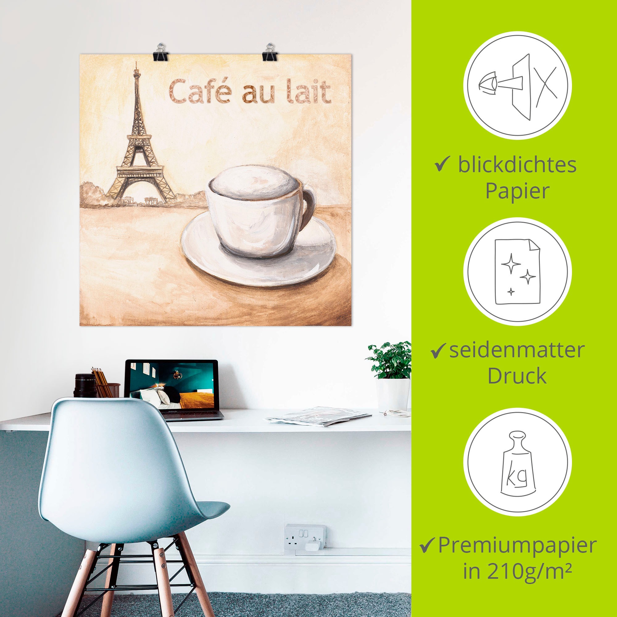 Artland Poster »Café au lait in Paris«, Kaffee Bilder, (1 St.), als Alubild, Leinwandbild, Wandaufkleber oder Poster in versch. Grössen