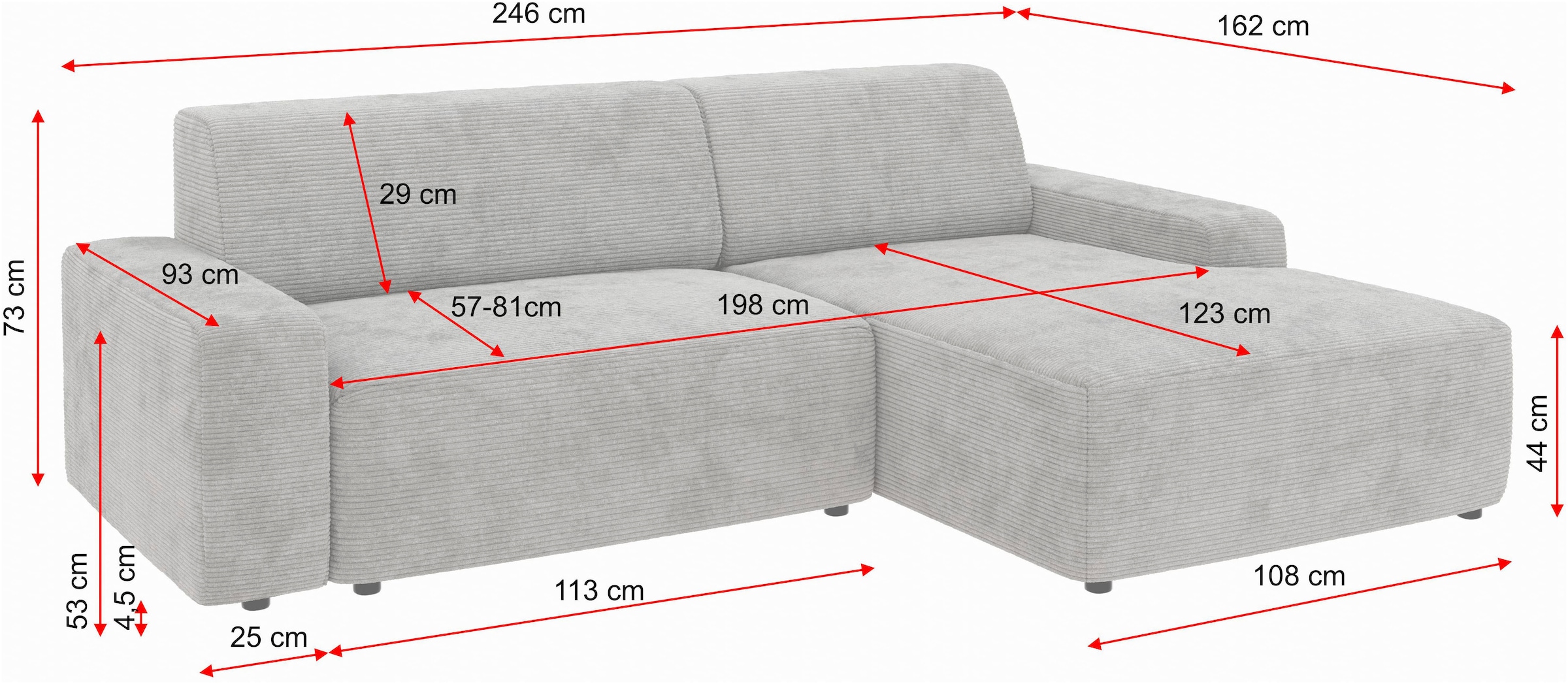 TRENDMANUFAKTUR Ecksofa »Wien, wahlweise mit Sitzvorschub und Bettkasten, Breite 246 cm« L-Form, in trendigem Cordstoff