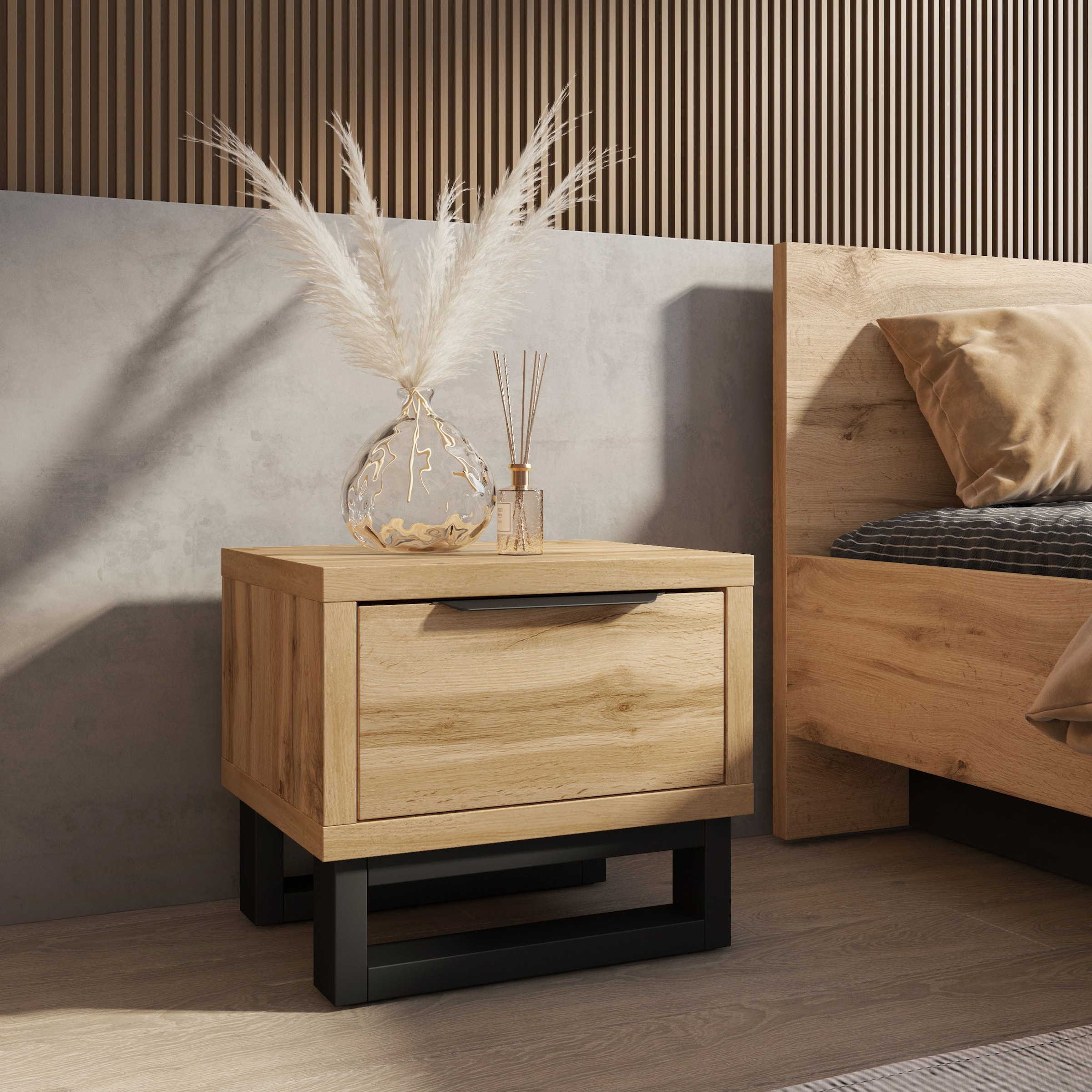 Home affaire Nachtkommode »Bronne, Breite 55 cm, Nachttisch mit 1 Schublade«, Moderner Nachtschrank, Metallgriff, Füsse in Kufenform