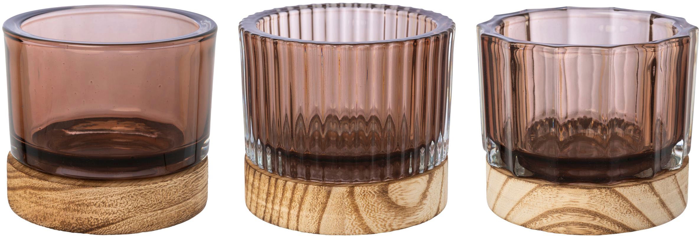»Kerzenhalter 3 aus kaufen 3 Glas, (Set, Creativ Teelichthalter Holzfuss«, mit mit St.), jetzt verschiedenen Oberflächenstrukturen home Windlicht