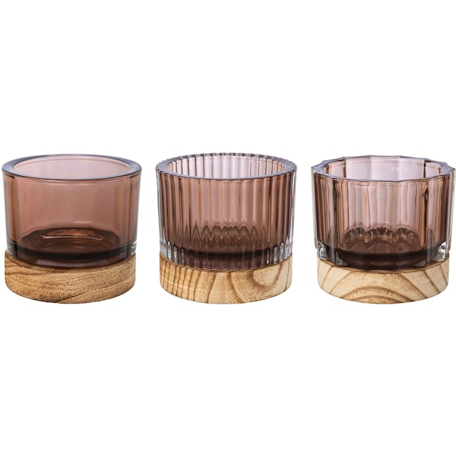 Creativ home Windlicht »Kerzenhalter aus Glas, mit Holzfuss«, (Set, 3 St.),  Teelichthalter mit 3 verschiedenen Oberflächenstrukturen jetzt kaufen