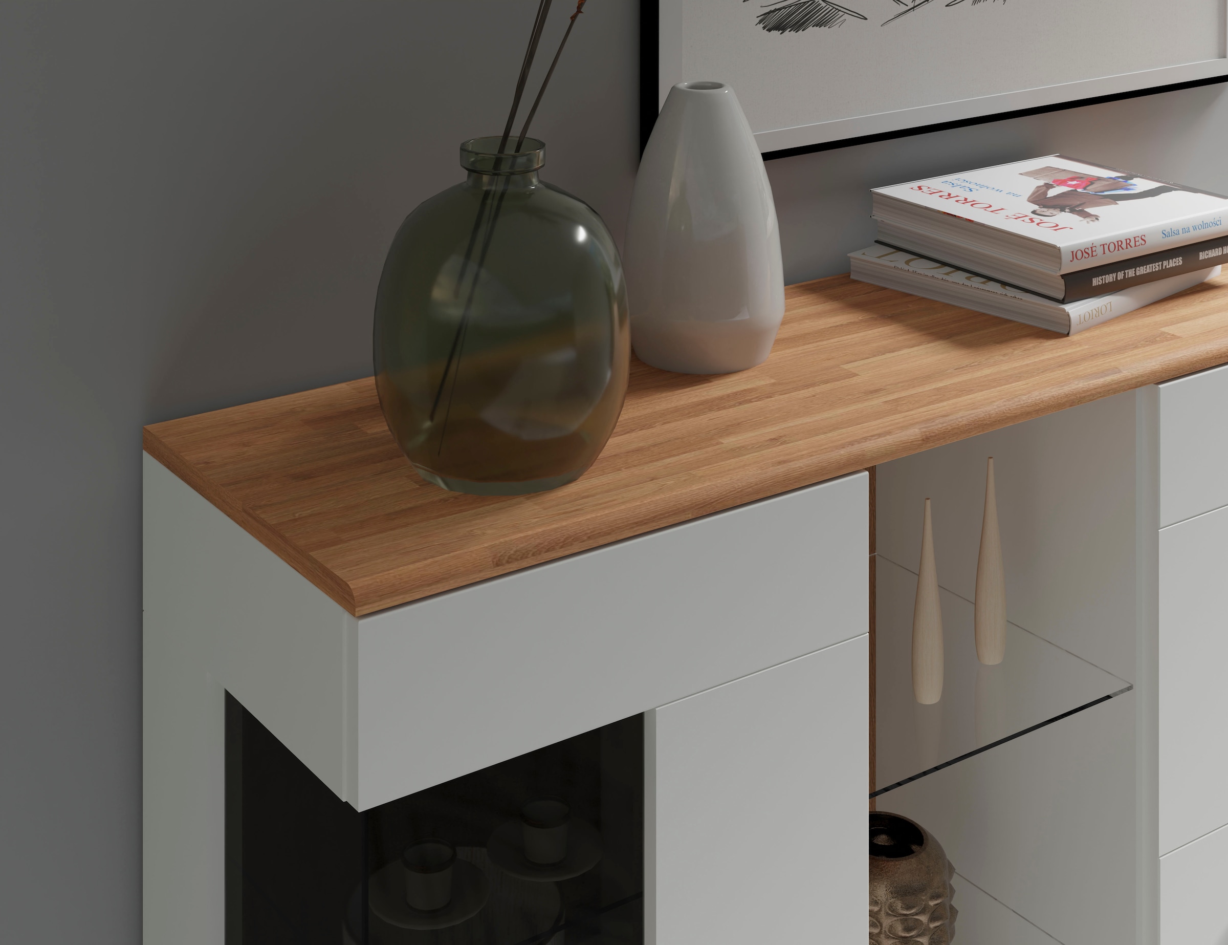 Home affaire Highboard »Ribe,120cm breit,112cm hoch,12 Fächer«, Oberplatte Massivholz,schwarze Metall Griffe,2 Türen mit Glaseinsatz