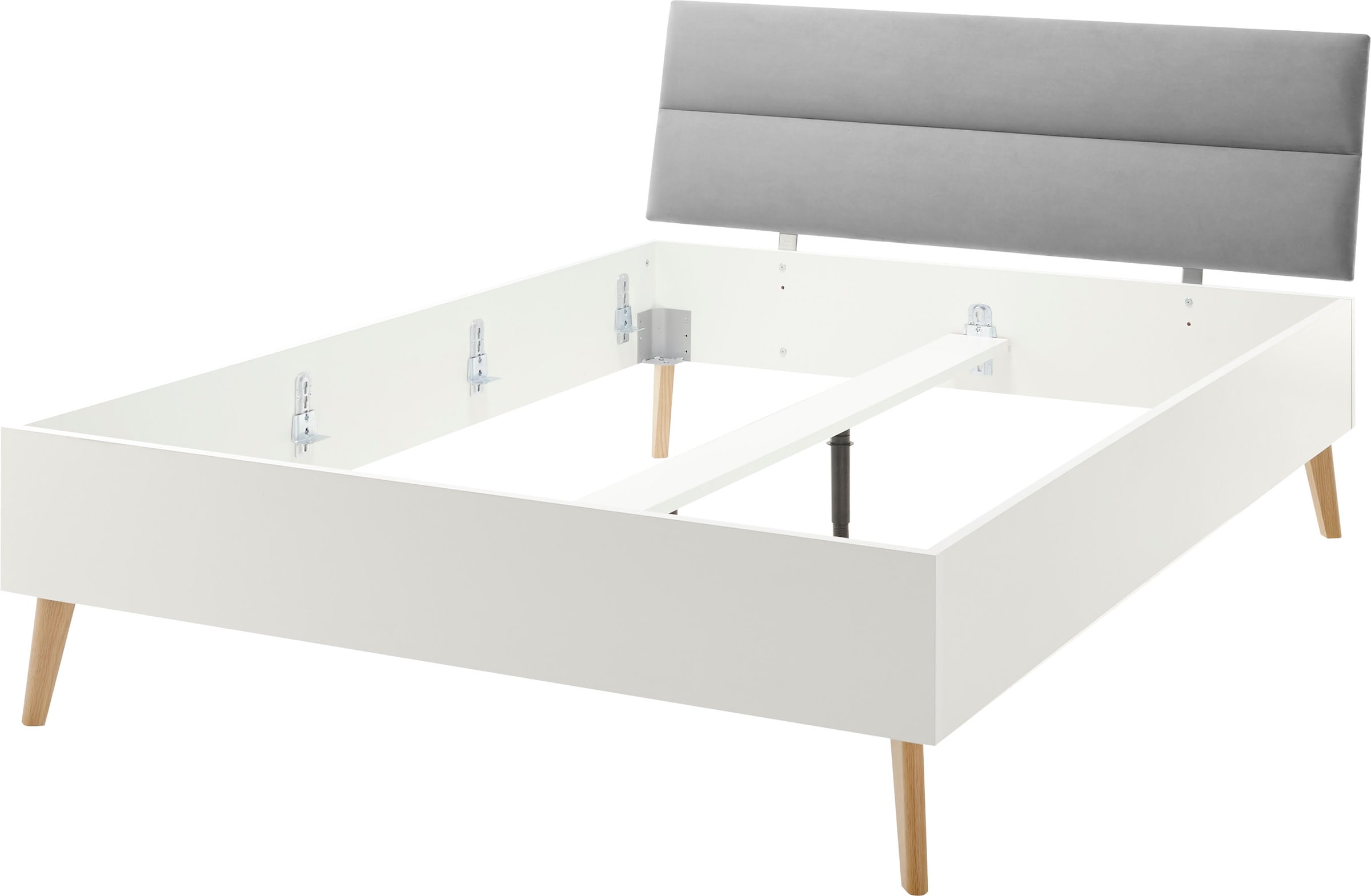 andas Einzelbett »MERLE Bett im skandinavischen Design, Bettgestell mit Massivholzfüssen«, Bettrahmen mit gepolstertem Kopfteil, Liegefläche 140 x 200cm