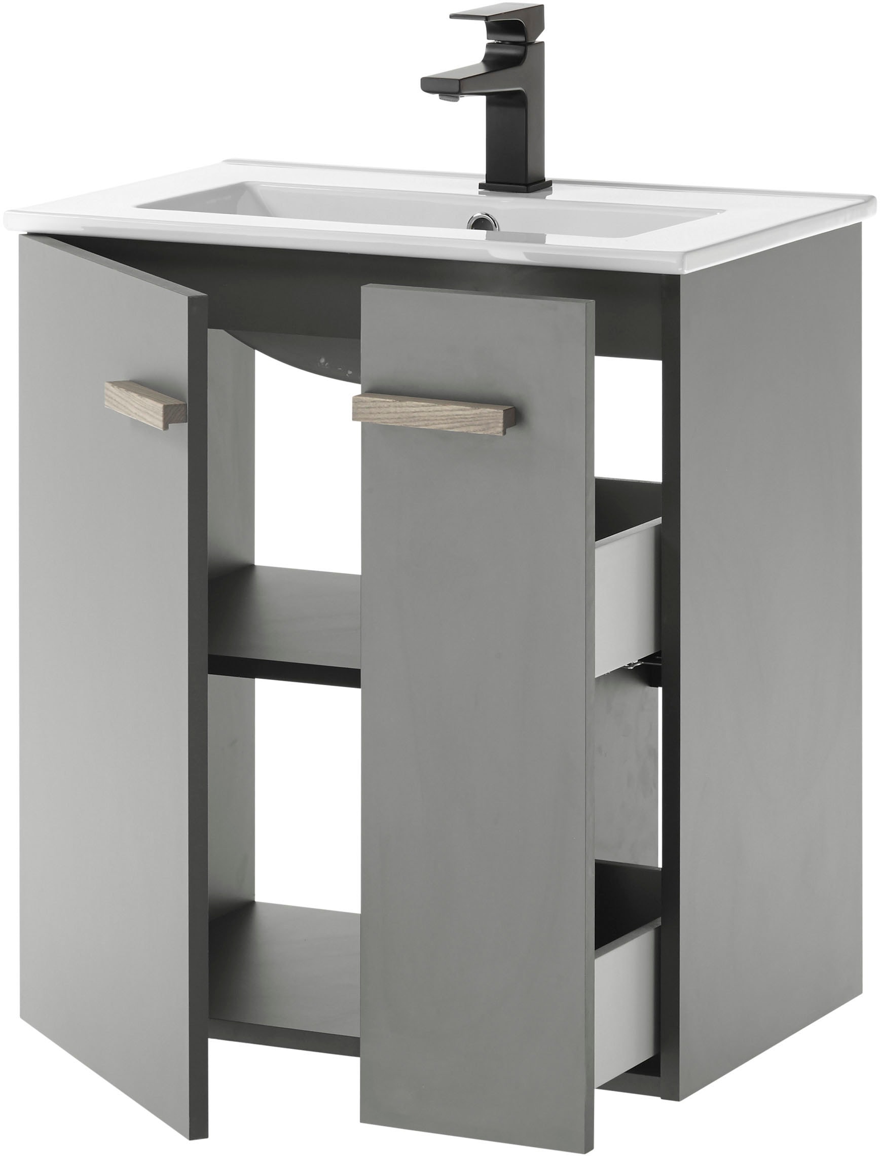 Places of Style Badmöbel-Set »SOLiD, Badmöbel-Set, Bad im modernen Design, 2-teiliges Badezimmer«, (2 St.), Waschtisch mit Waschbecken, Spiegel, Aufbauleuchte, Breite 60 cm