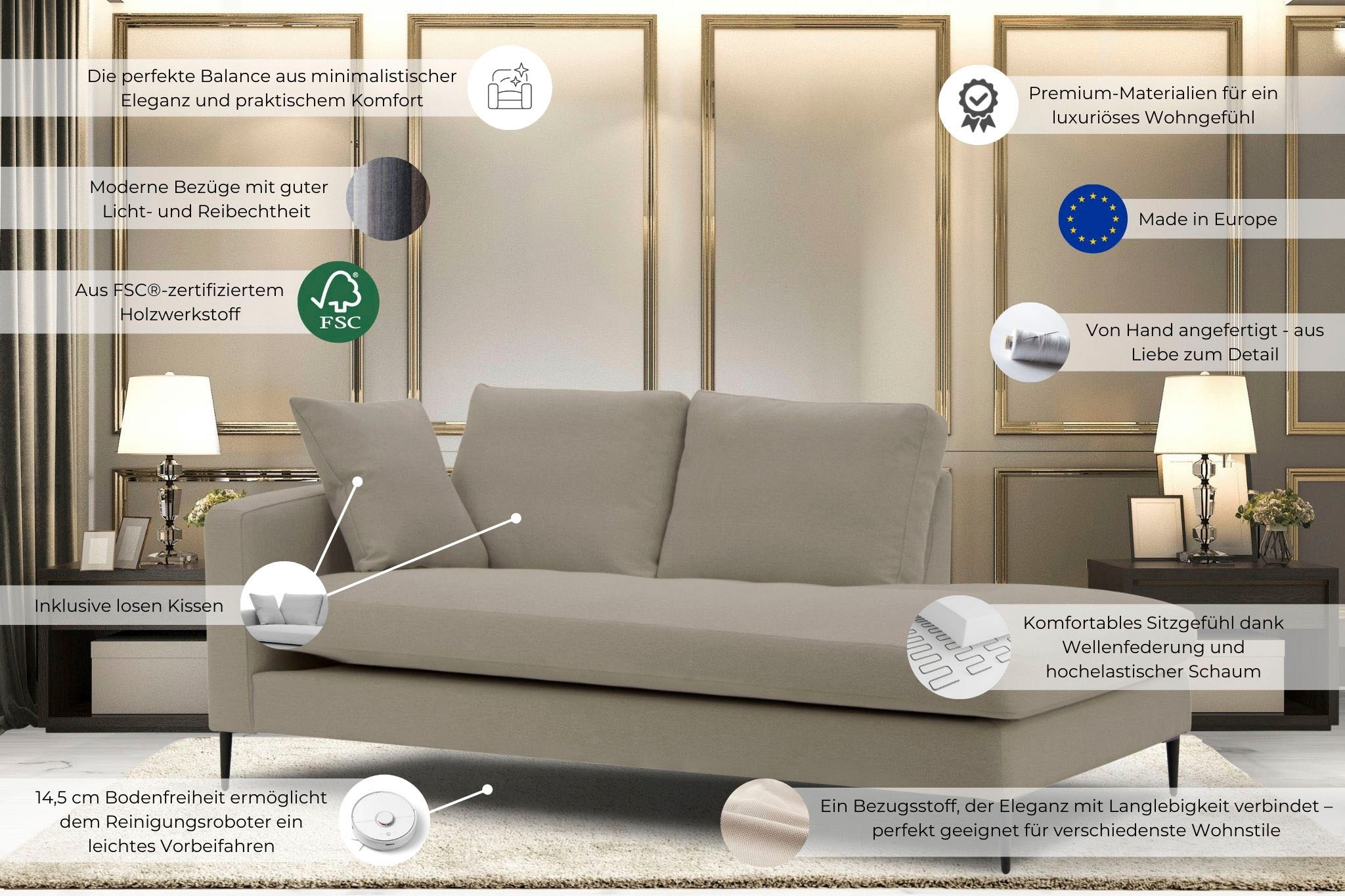 Home affaire Récamière »Cozy Chaiselongue, Masse B/T/H: 195/97/80 cm« mit losen Kissen und Metallbeinen, Armlehne links oder rechts wählbar