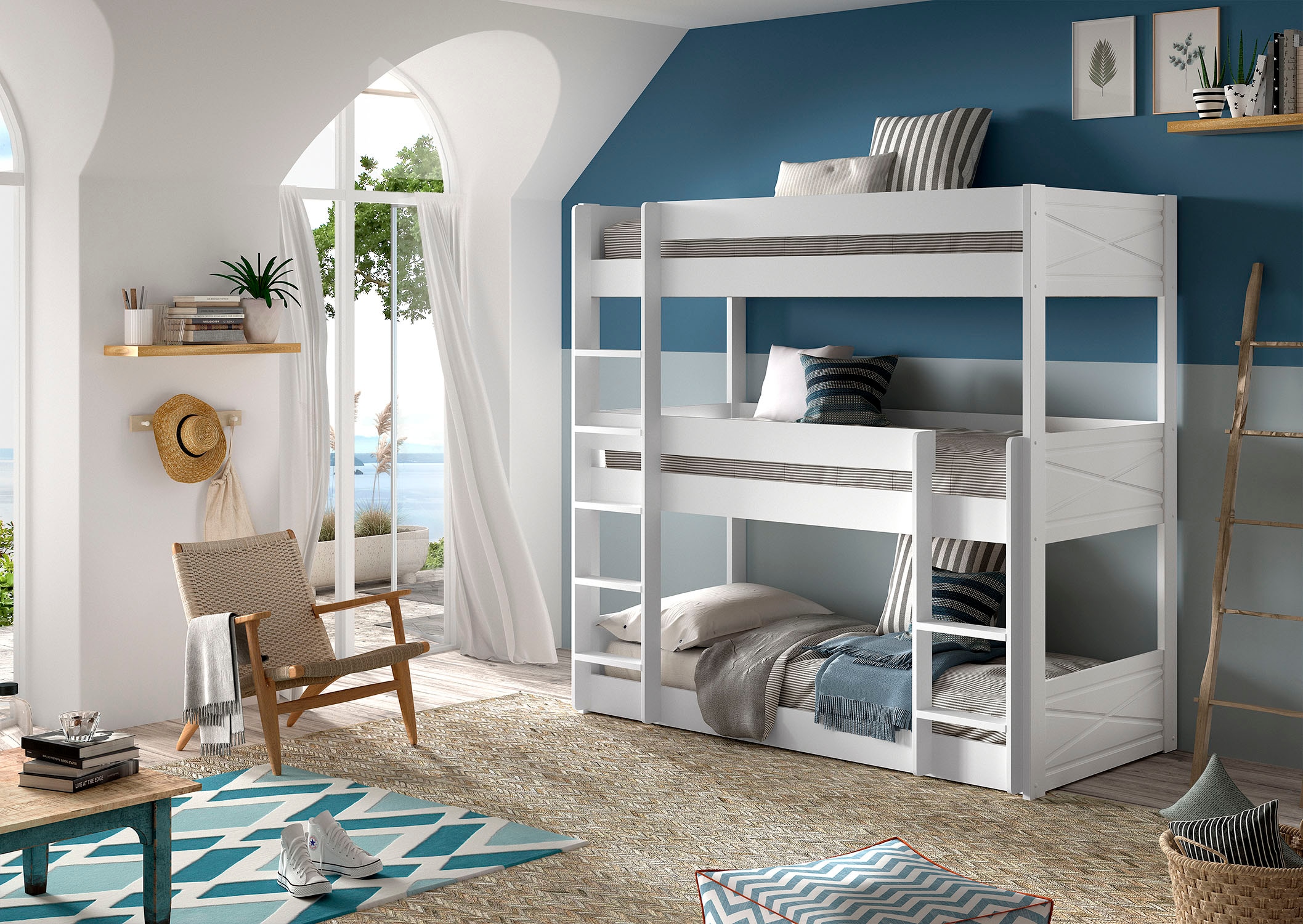 Vipack Etagenbett Made in Europe,  mit 3 LF á 90x200 cm und Rollrost, stabil gebaut, Kiefer massiv weiss